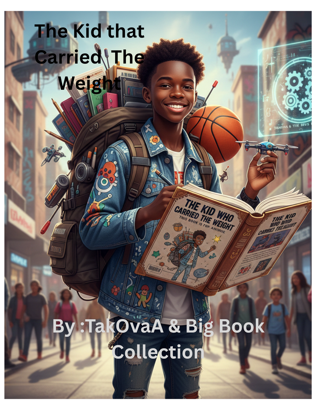 Book cover with a child holding a book titled 'The Kid Who Carried the Weight' in an urban setting.