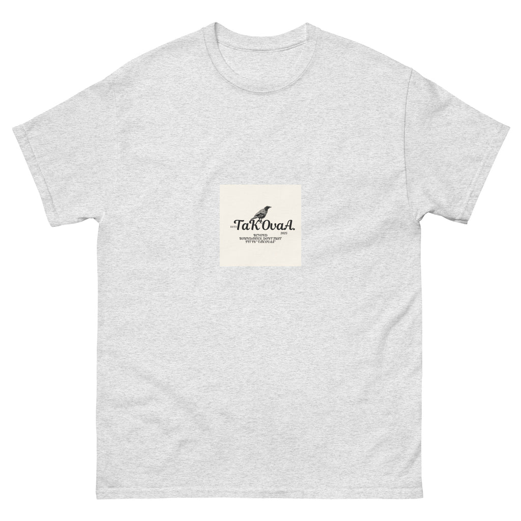 Gray t-shirt with a small square logo on a white background