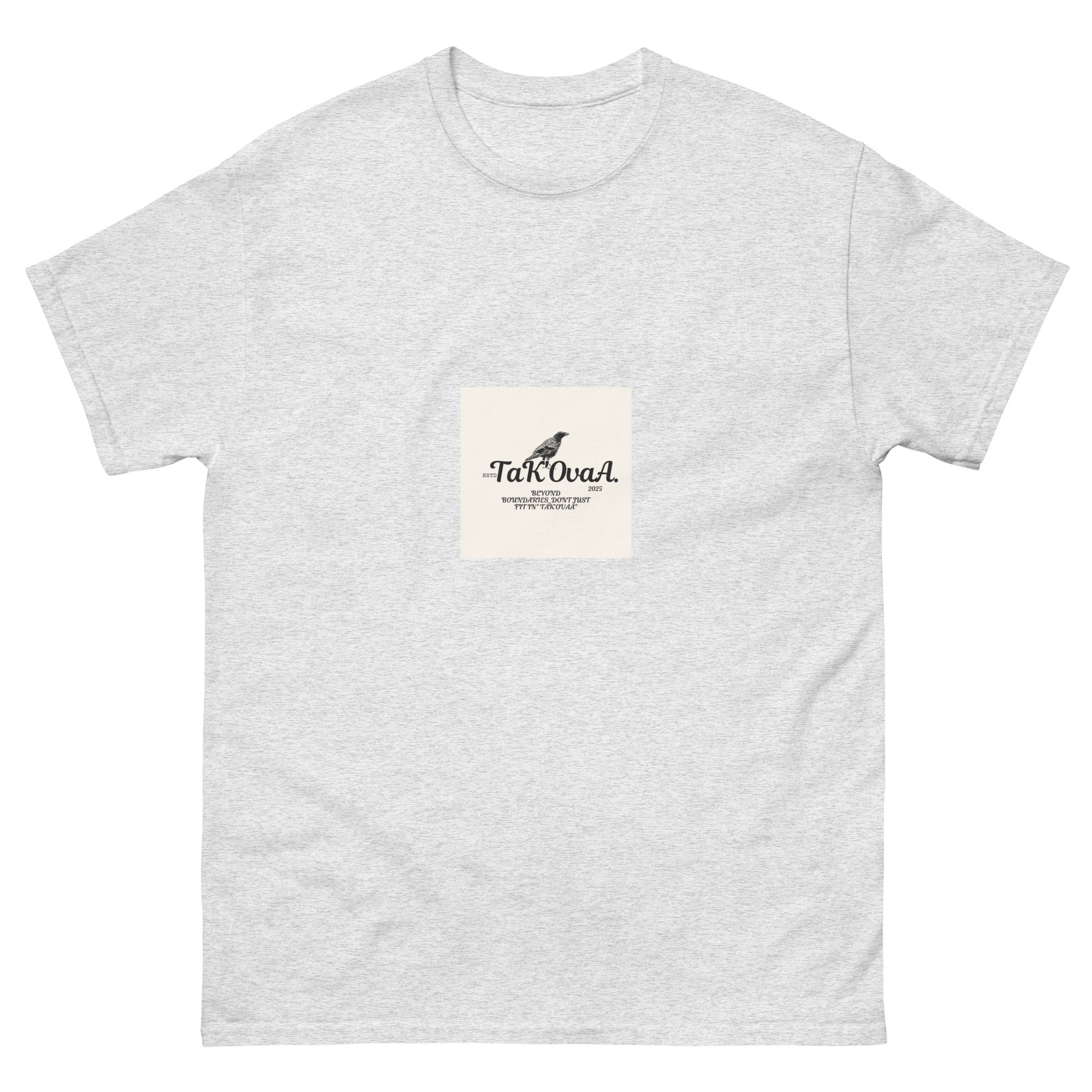 Gray t-shirt with a small square logo on a white background