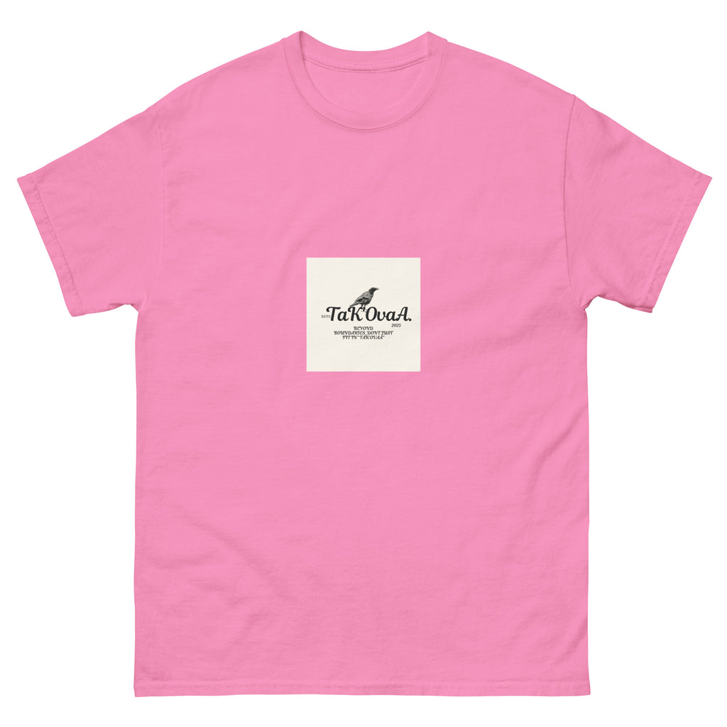 Pink t-shirt with a white square pocket featuring a logo and text on a white background