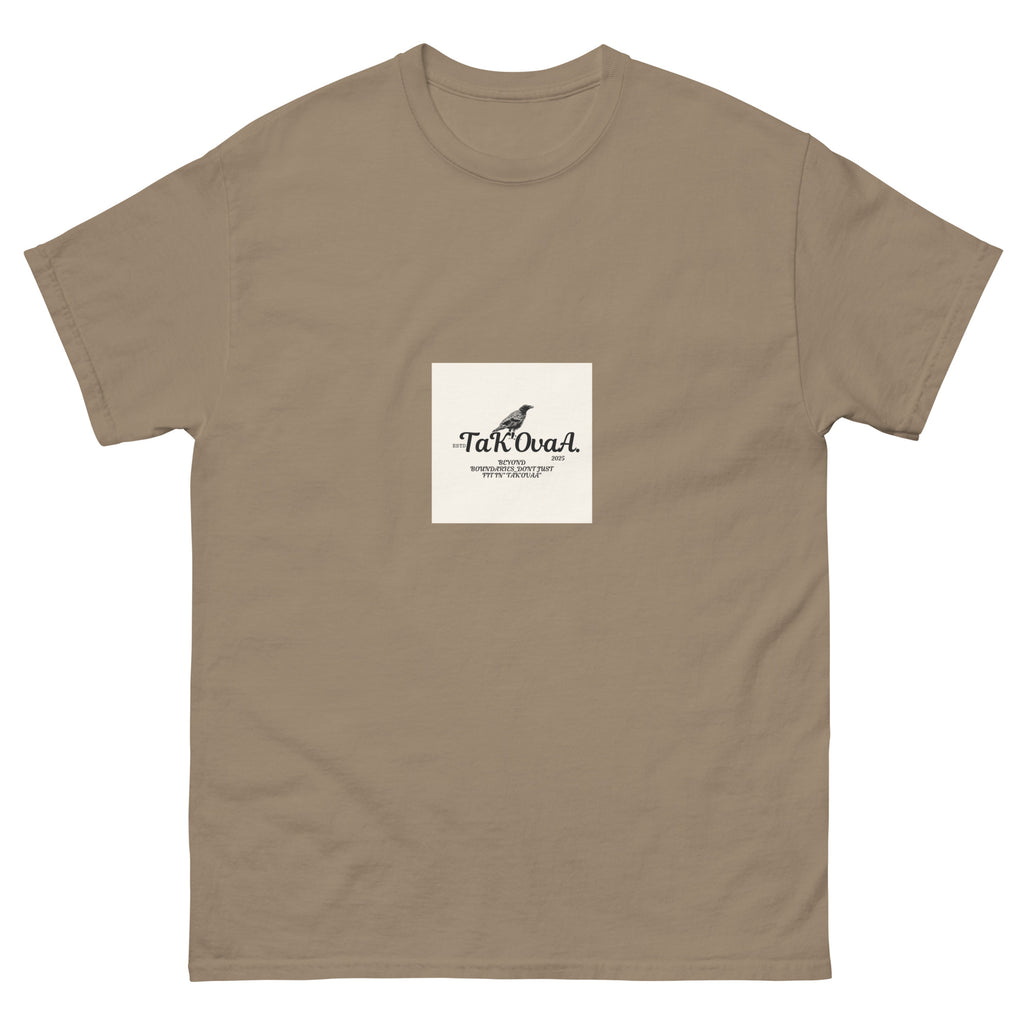 Brown t-shirt with a white square featuring 'TaKovaA' logo on a white background