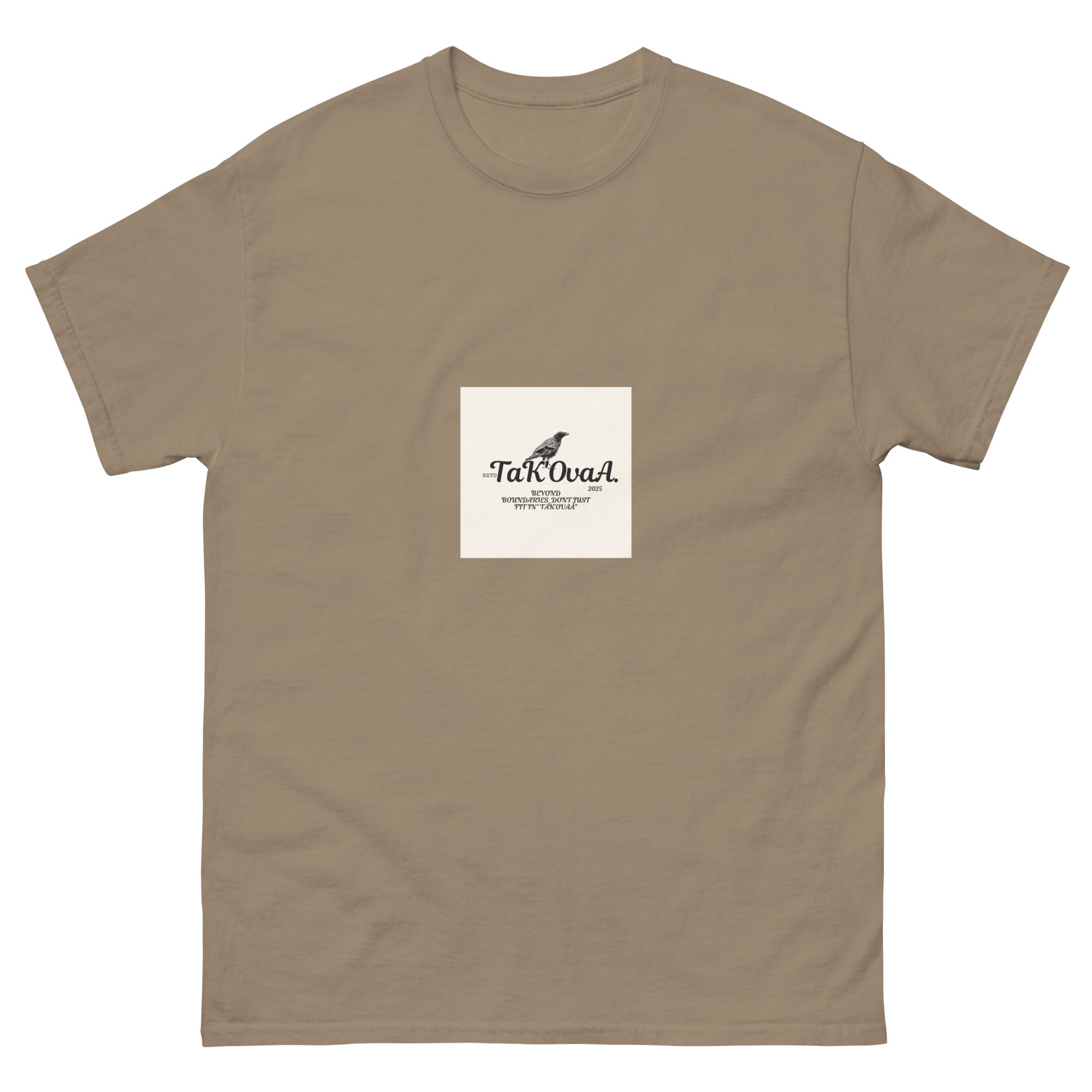 Brown t-shirt with a white square featuring 'TaKovaA' logo on a white background