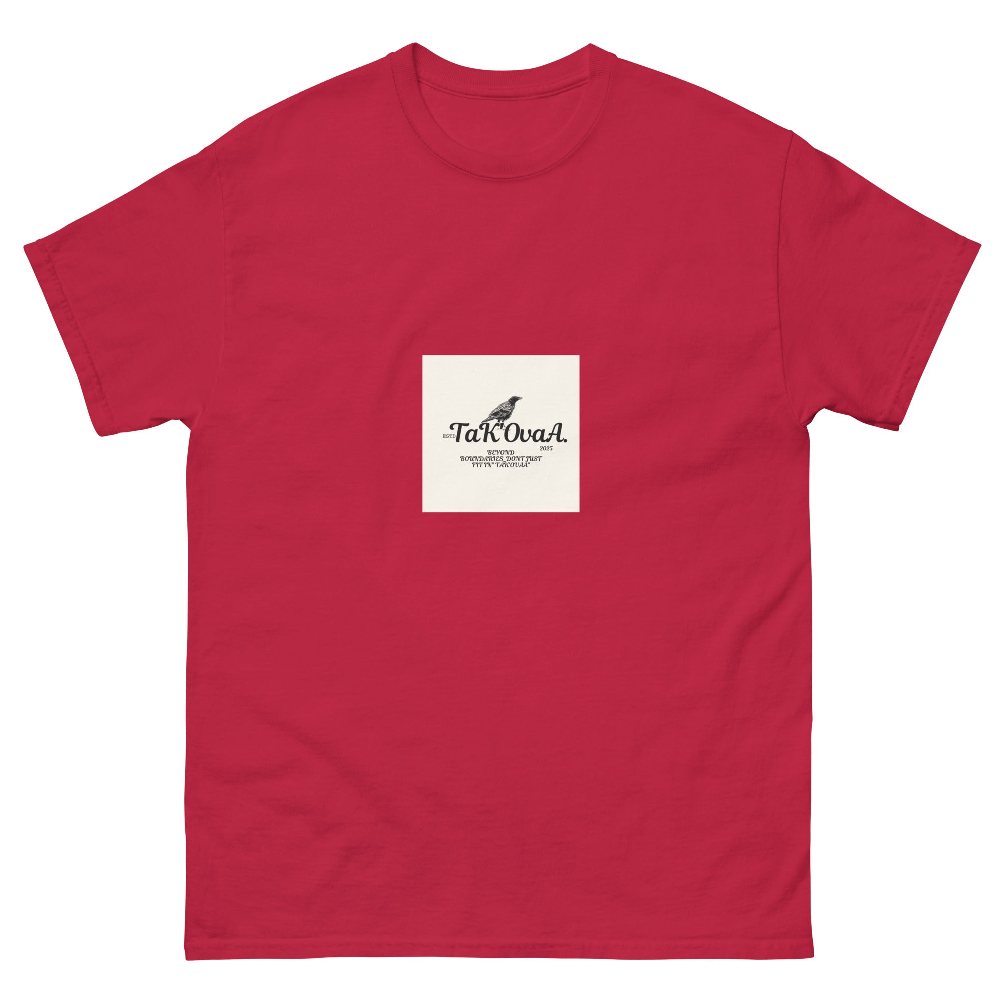 Red t-shirt with a white square featuring 'Tak Ova' logo on a white background