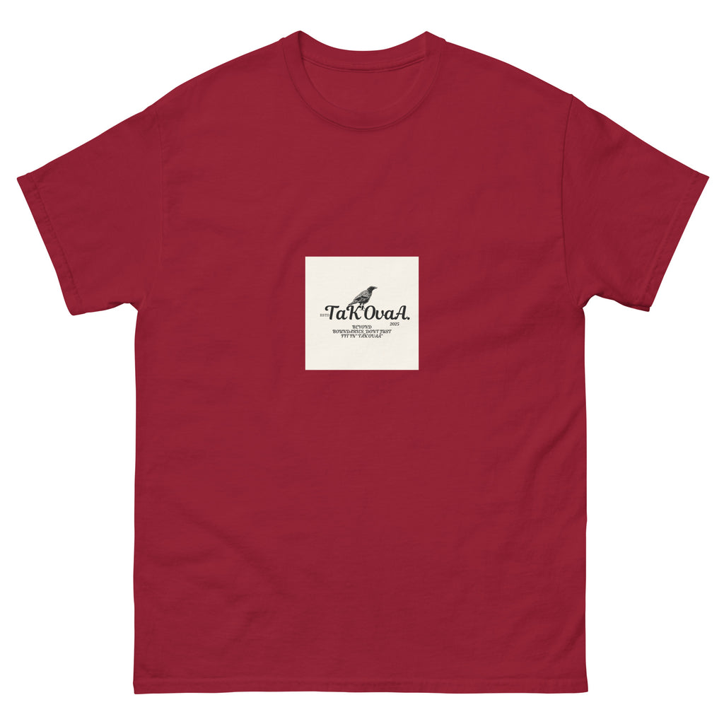 Red t-shirt with a white square featuring text and a logo on a white background