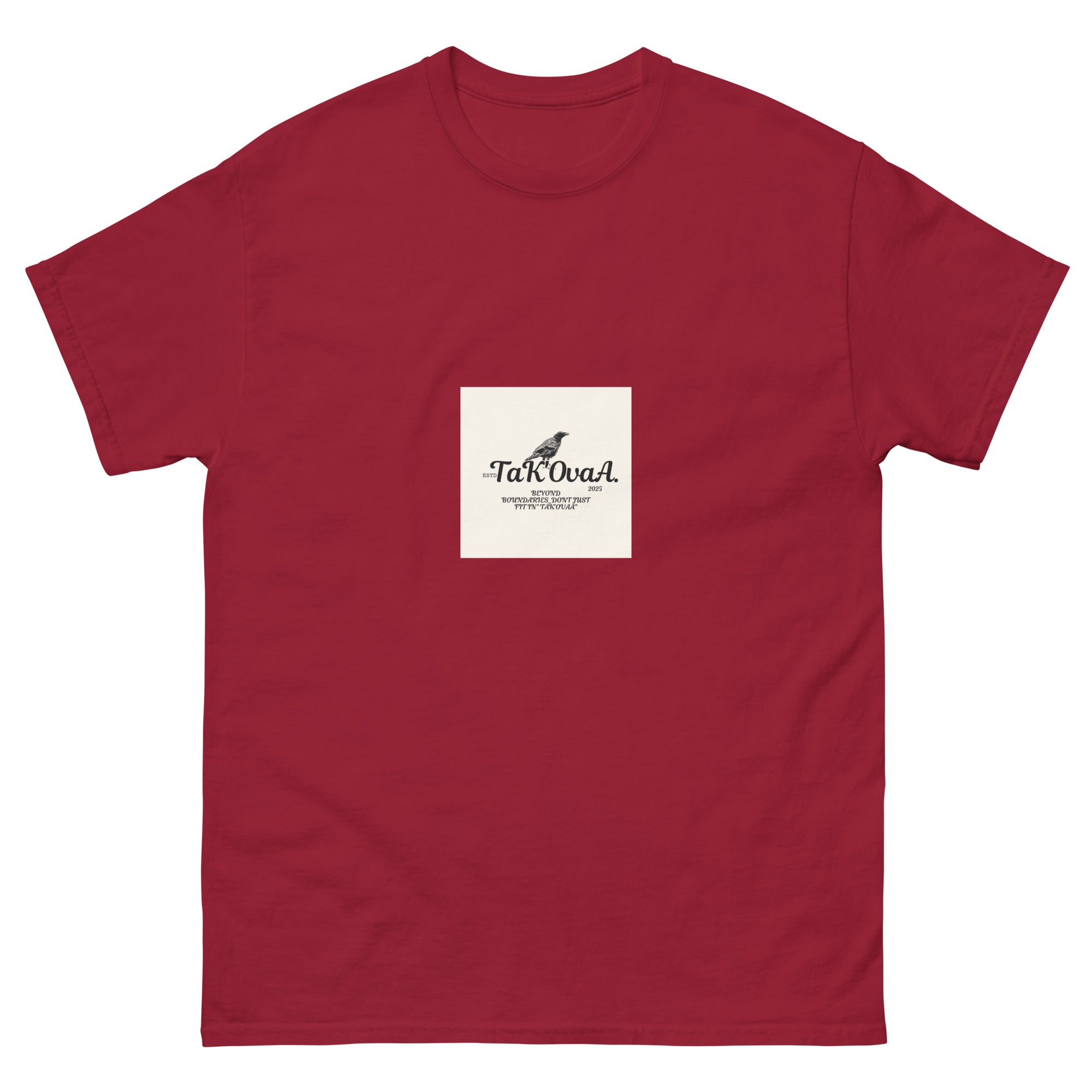 Red t-shirt with a white square featuring text and a logo on a white background