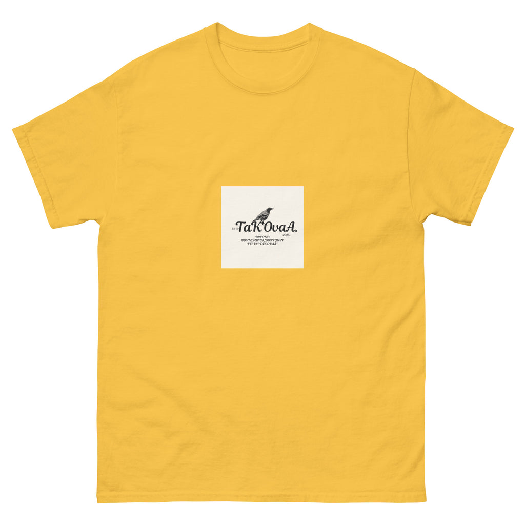 Yellow t-shirt with a white square featuring text and a logo on a white background