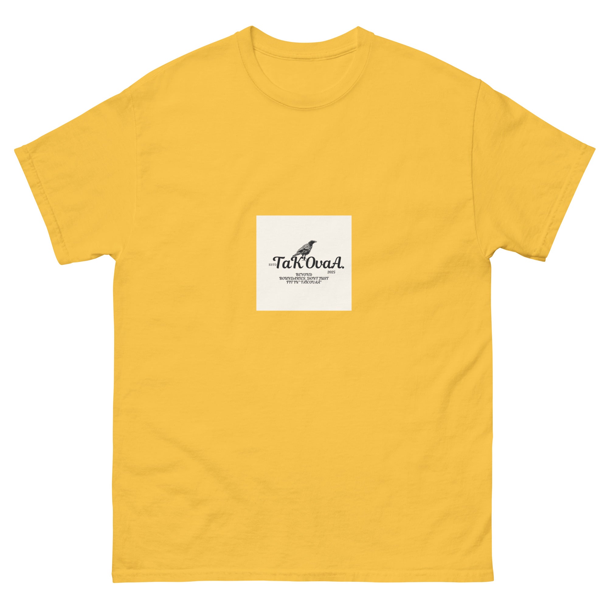 Yellow t-shirt with a white square featuring text and a logo on a white background