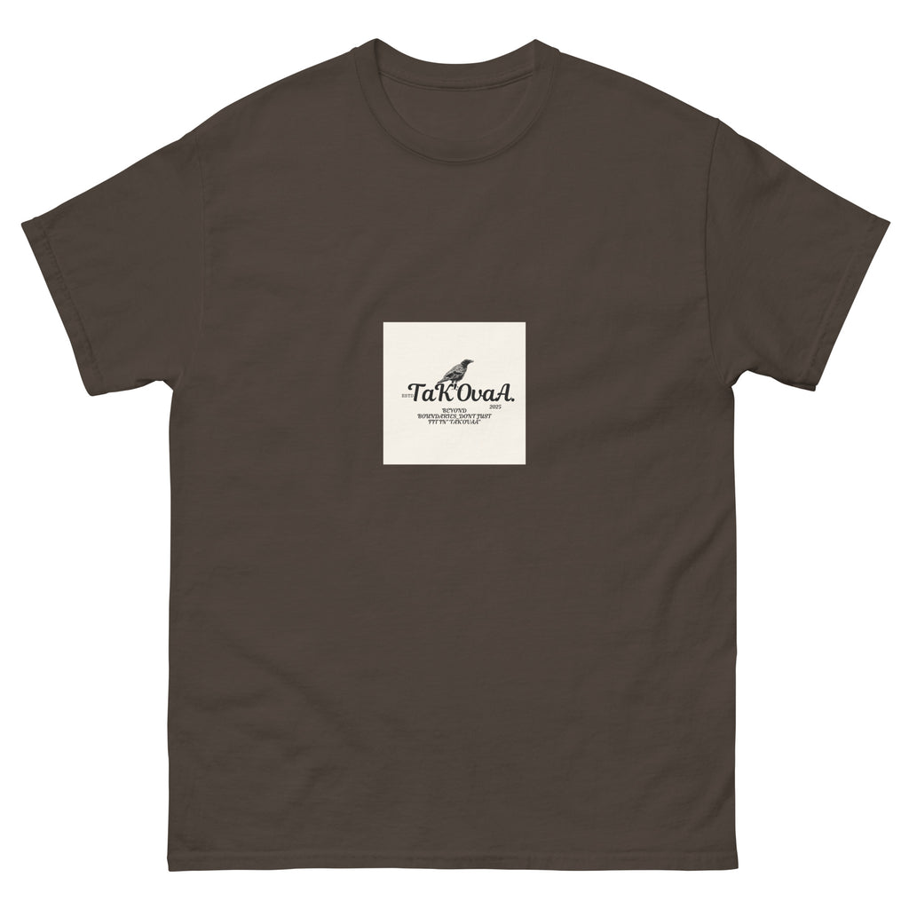 Brown t-shirt with a white square featuring a logo and text on a white background