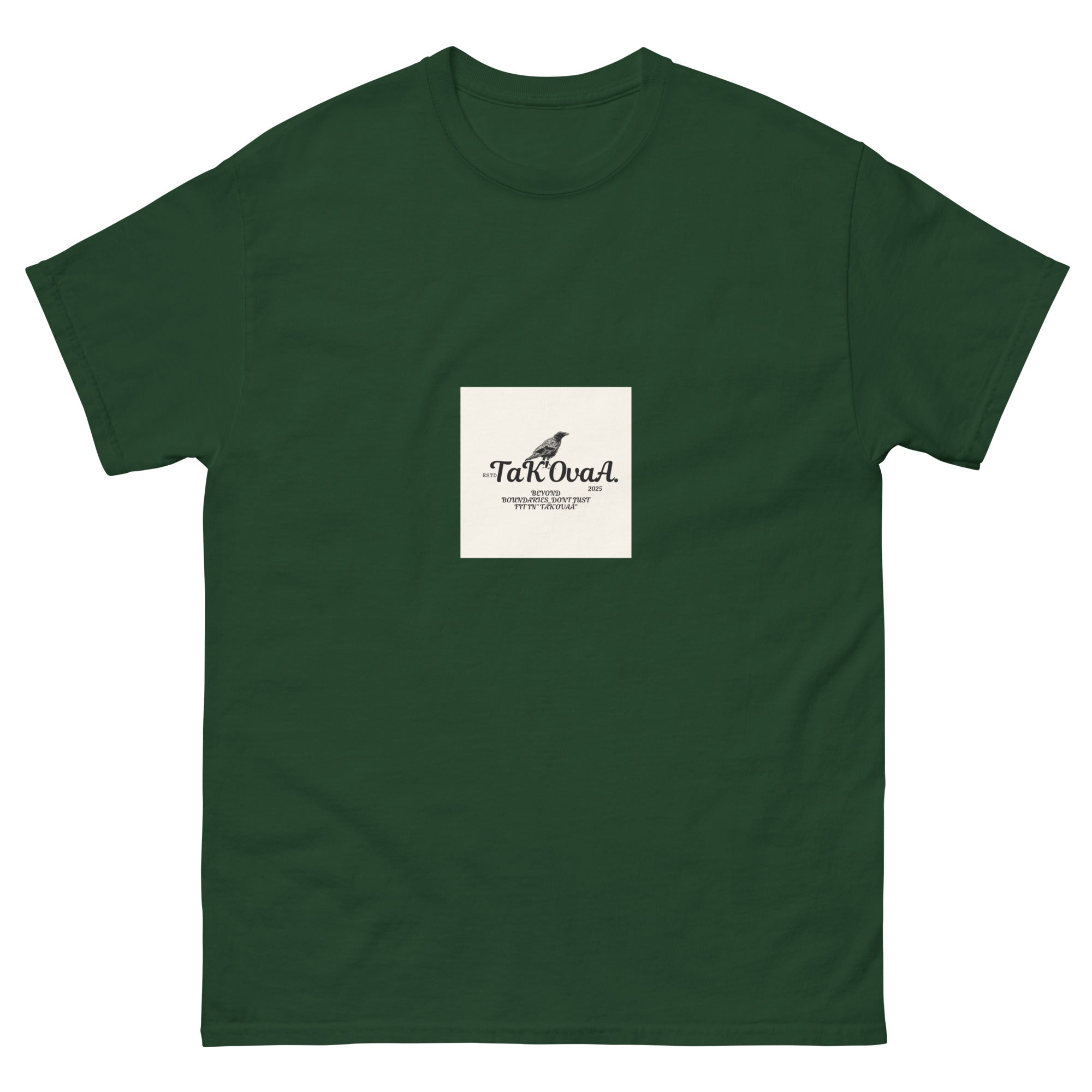Green t-shirt with a white square featuring text and a logo on a white background