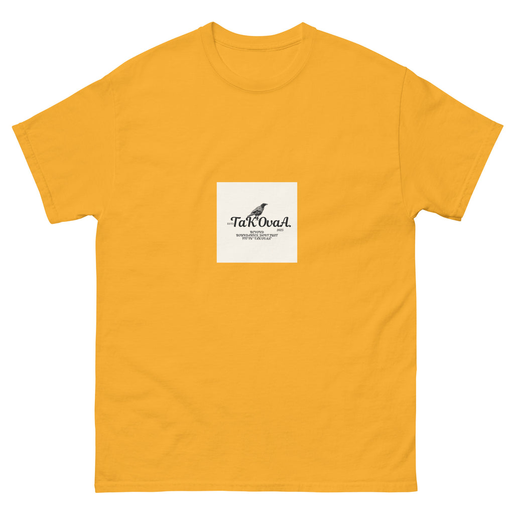 Yellow t-shirt with a small white square featuring text and a logo on a white background