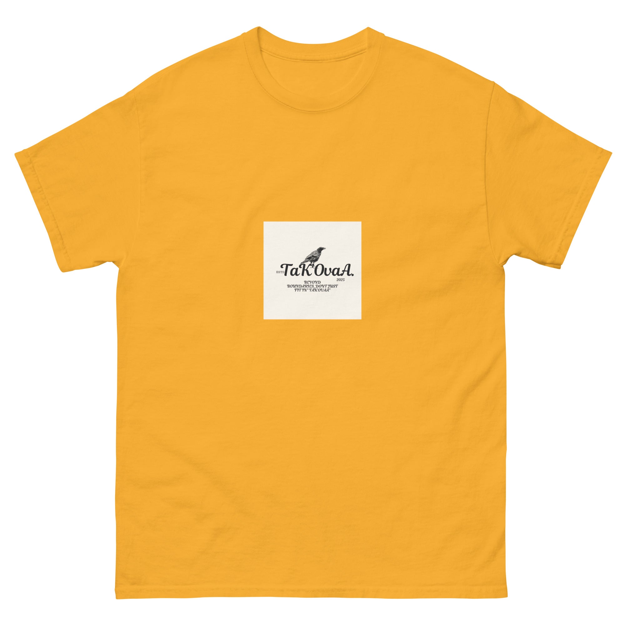 Yellow t-shirt with a small white square featuring text and a logo on a white background