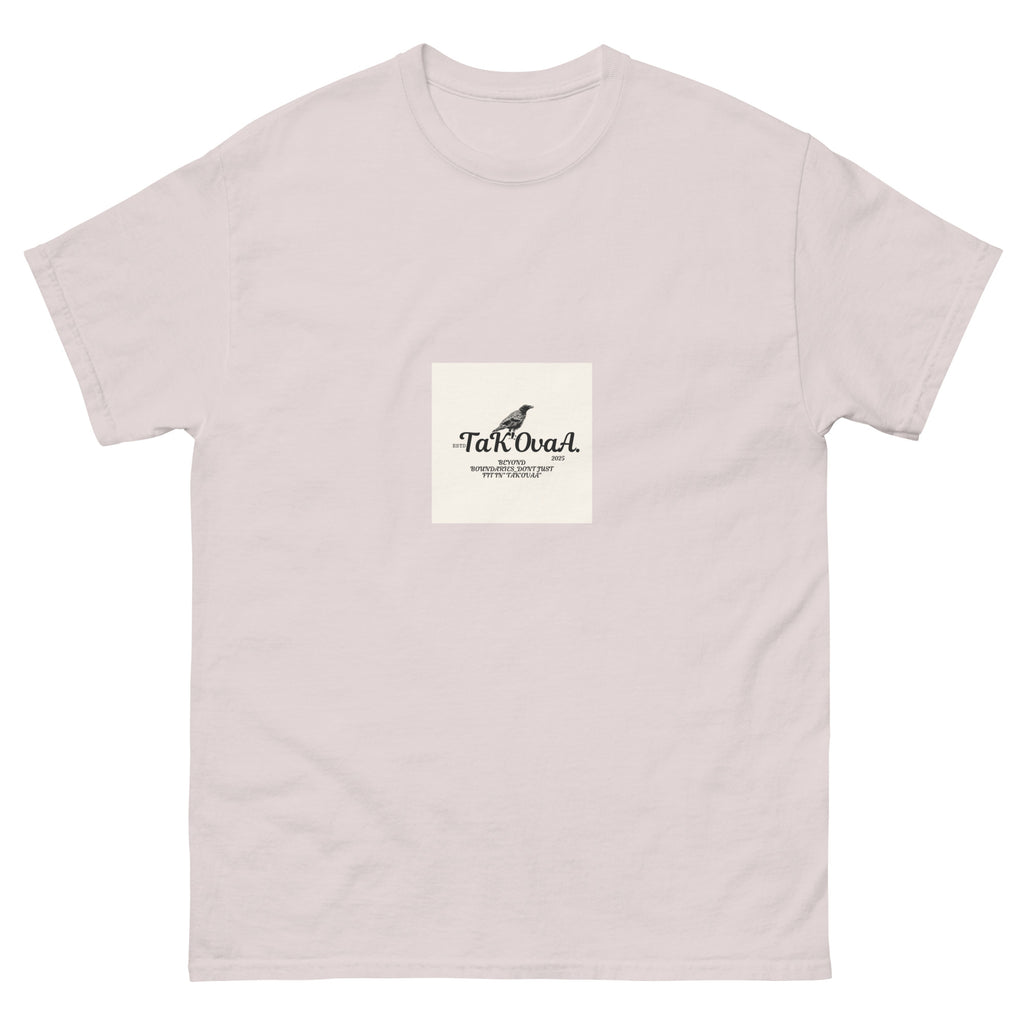 Light pink t-shirt with a small square logo on a white background