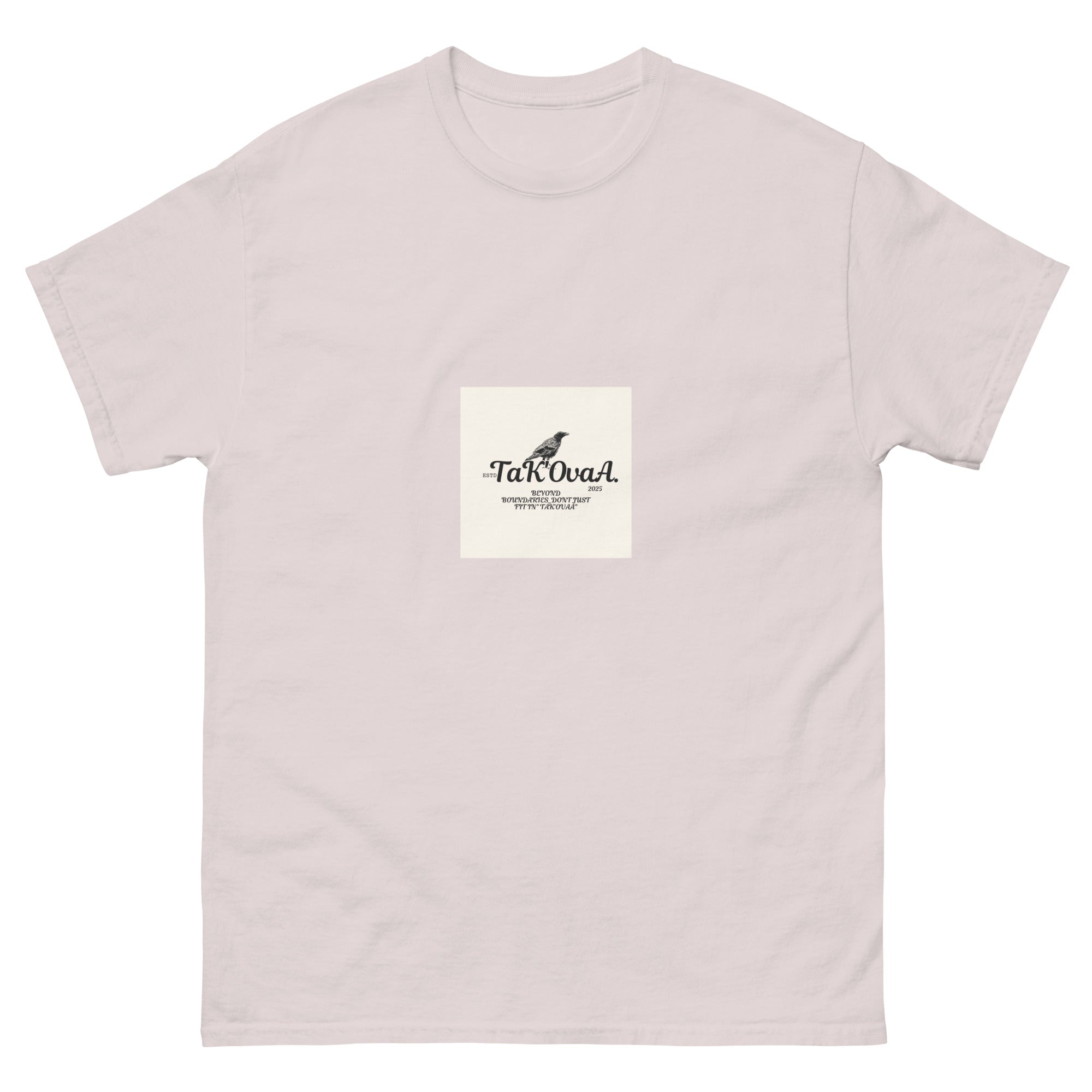 Light pink t-shirt with a small square logo on a white background