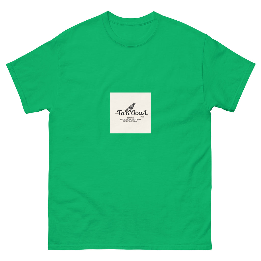 Green t-shirt with a small white label featuring text and a logo on a white background