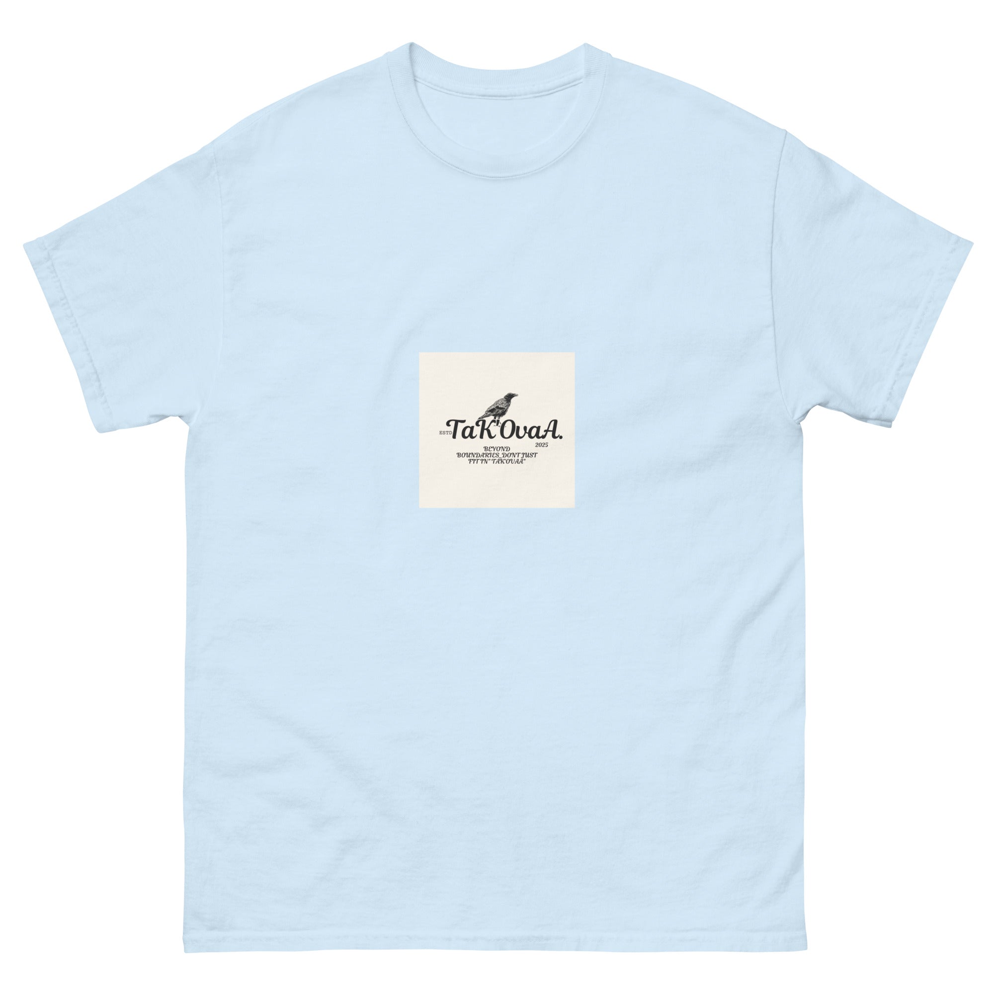 Light blue t-shirt with a small square logo on a white background