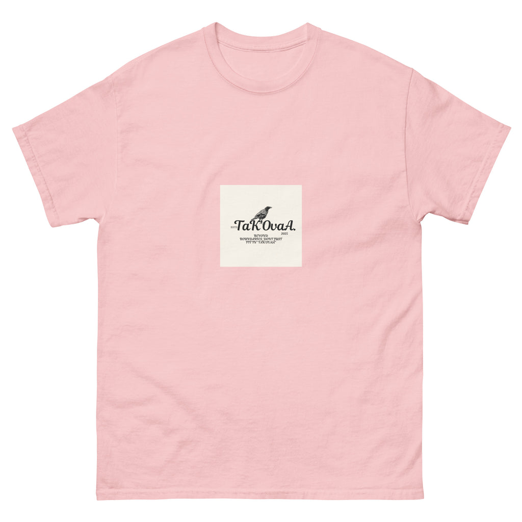 Pink t-shirt with a white square featuring 'TaKova' branding on a white background