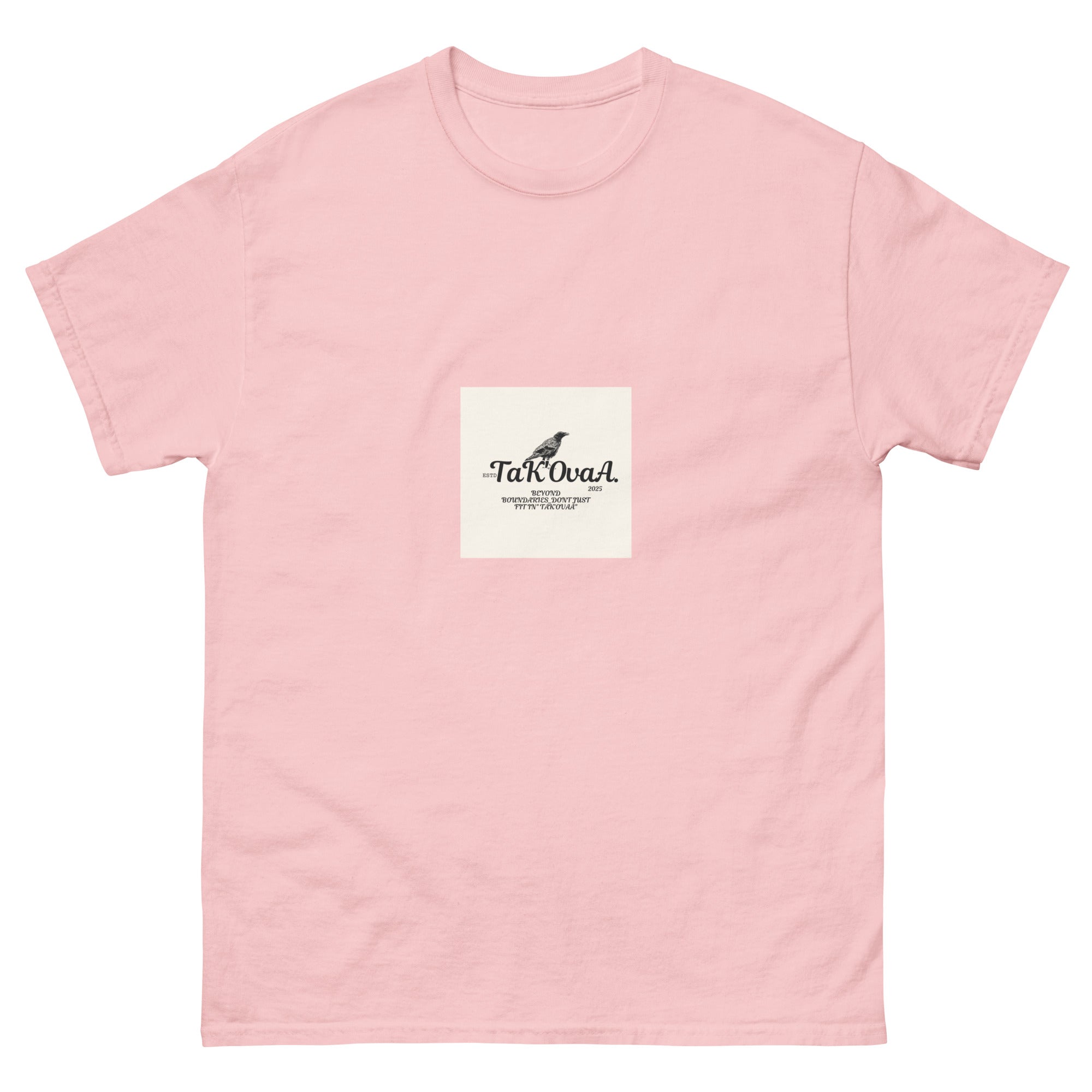 Pink t-shirt with a white square featuring 'TaKova' branding on a white background