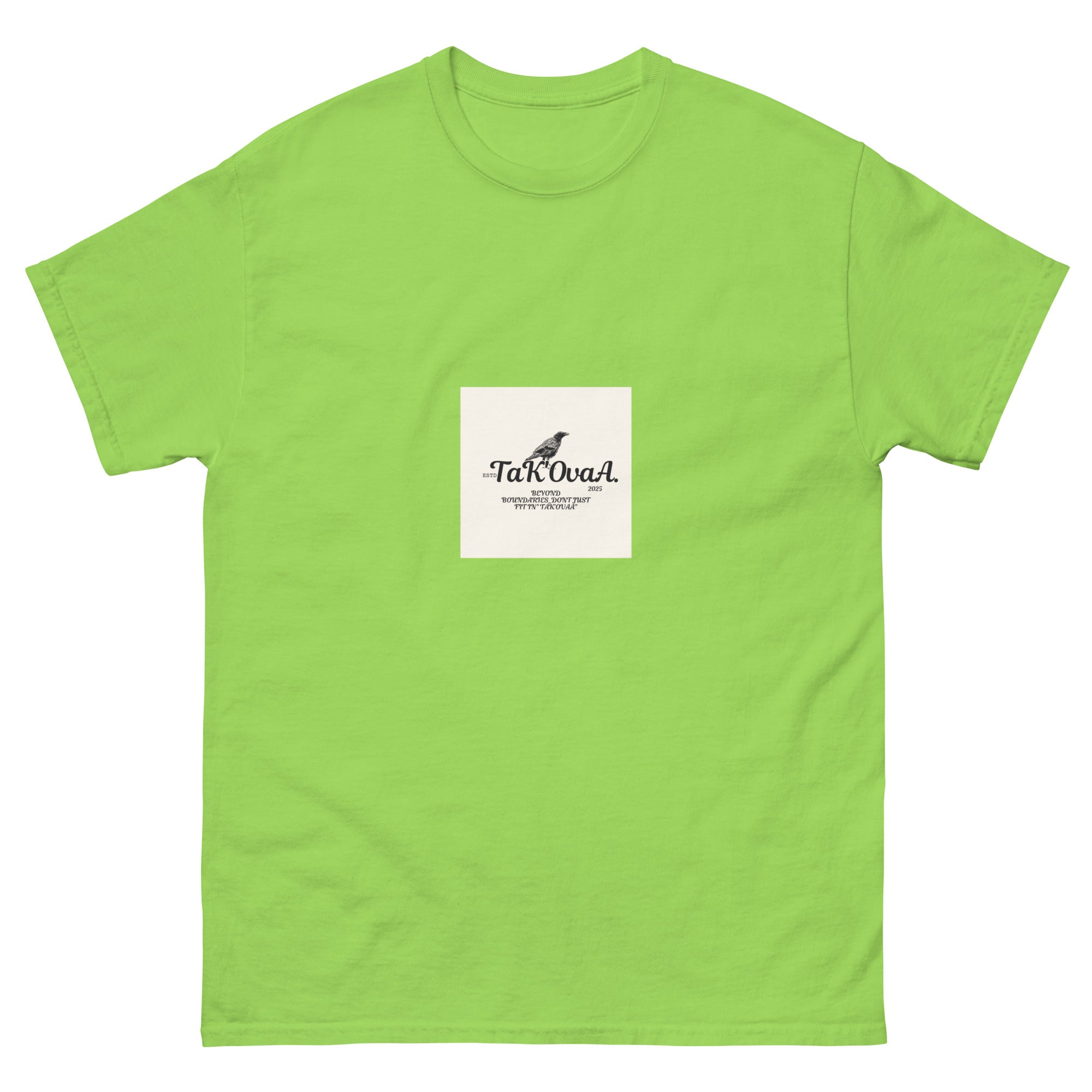 Green t-shirt with a white square featuring text and a logo on a white background