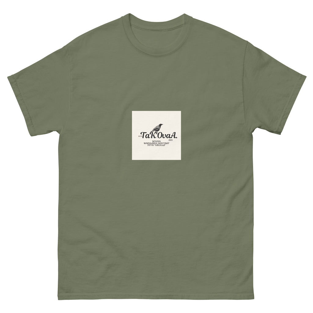 Green t-shirt with a white square logo featuring text and a bird illustration on a white background