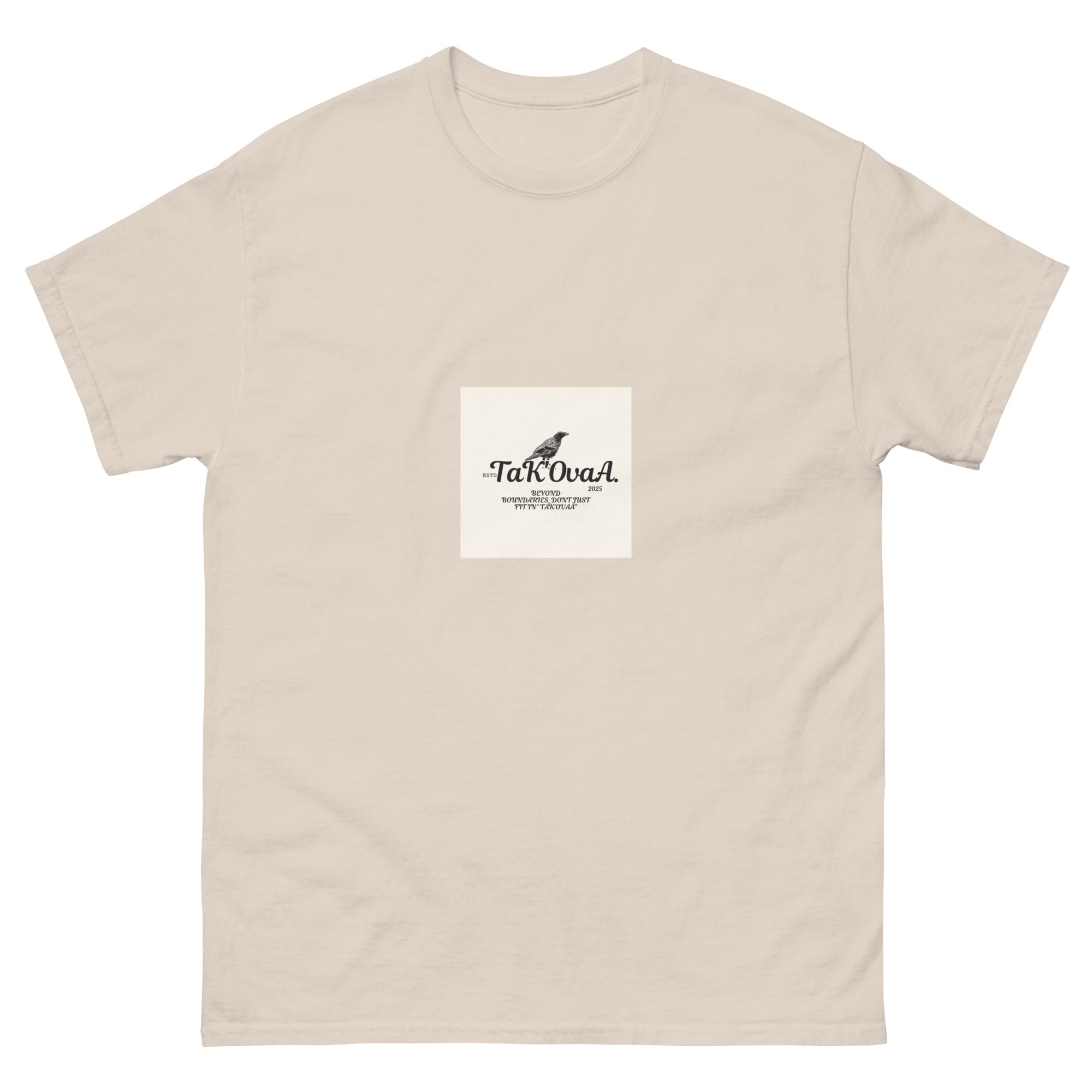Beige t-shirt with a logo on a white background