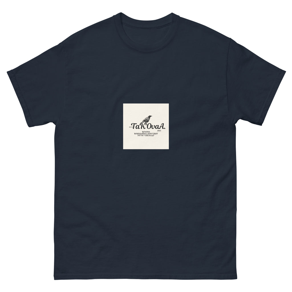 Navy blue t-shirt with a white square logo featuring text and a bird illustration on a white background.