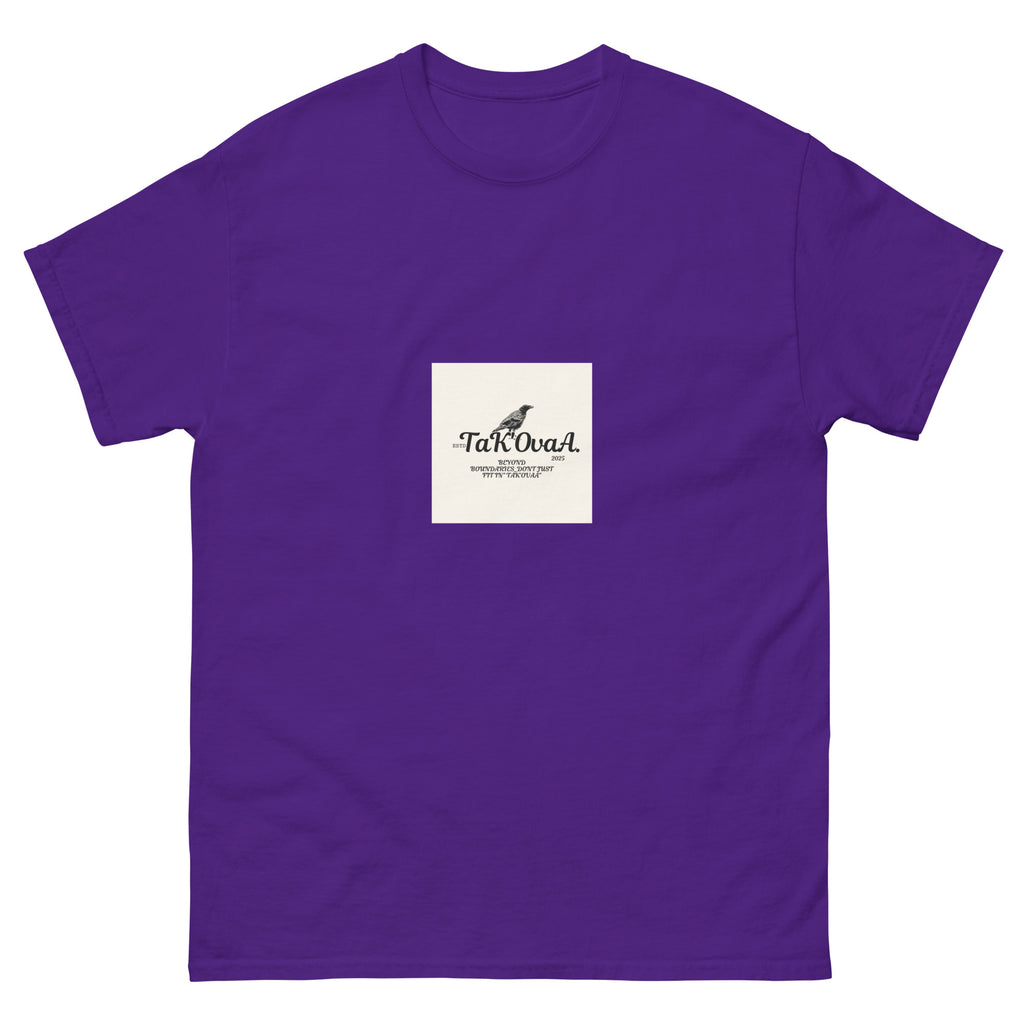Purple t-shirt with a white square featuring 'Tak Ova' logo on a white background
