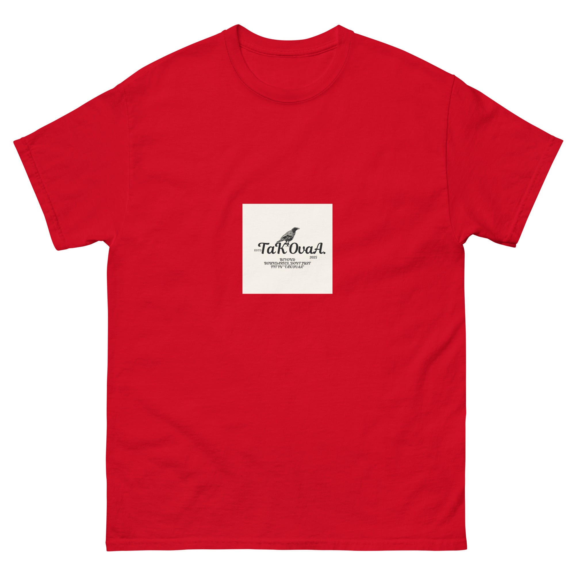 Red t-shirt with a white square featuring a logo and text on a white background