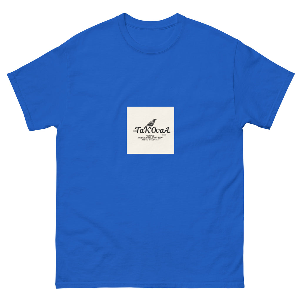 Blue t-shirt with a white square featuring text and a logo on a white background