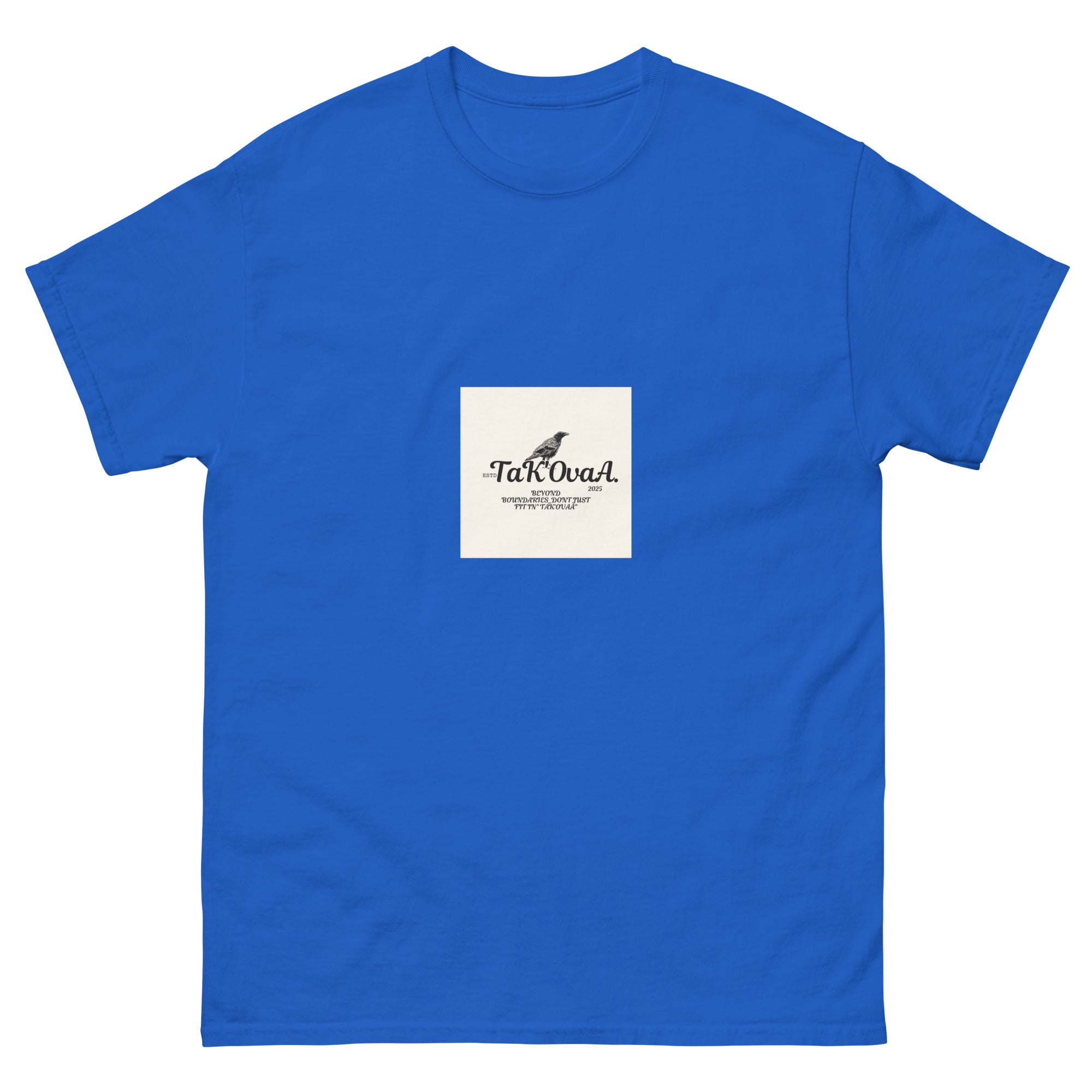 Blue t-shirt with a white square featuring text and a logo on a white background