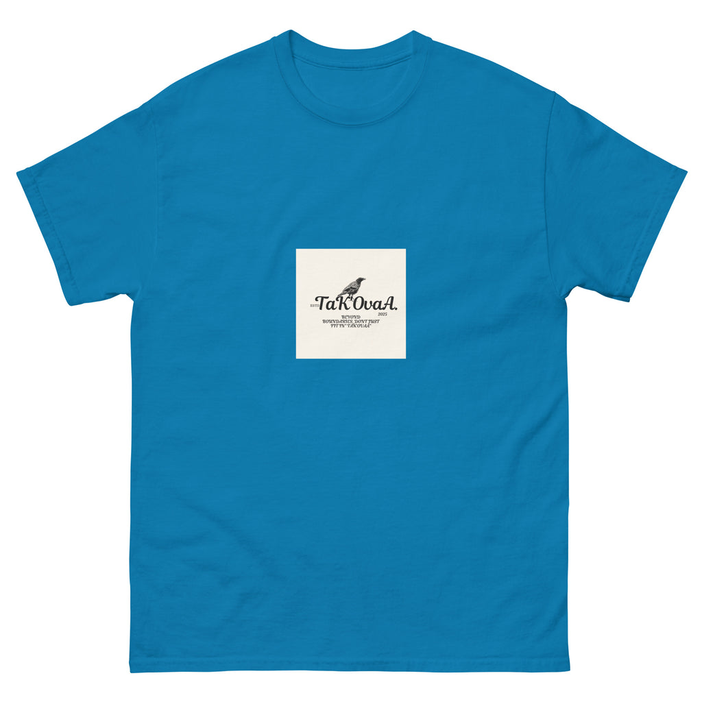 Blue t-shirt with a white square featuring text and a logo on a white background