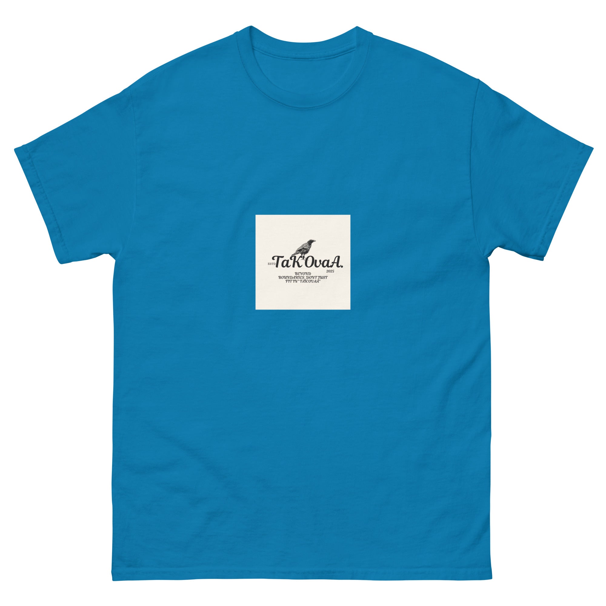 Blue t-shirt with a white square featuring text and a logo on a white background