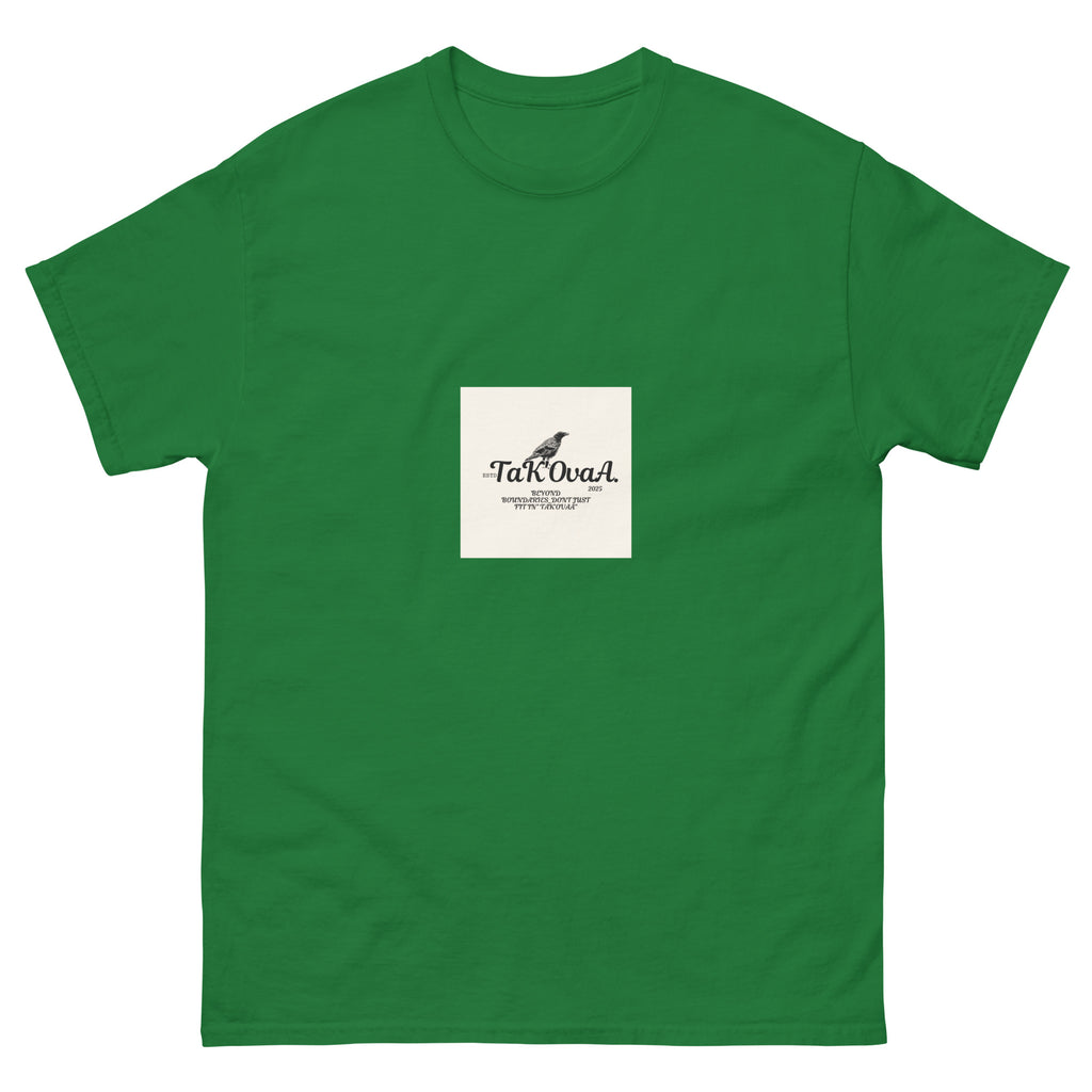 Green t-shirt with a white label featuring text and a logo on a white background