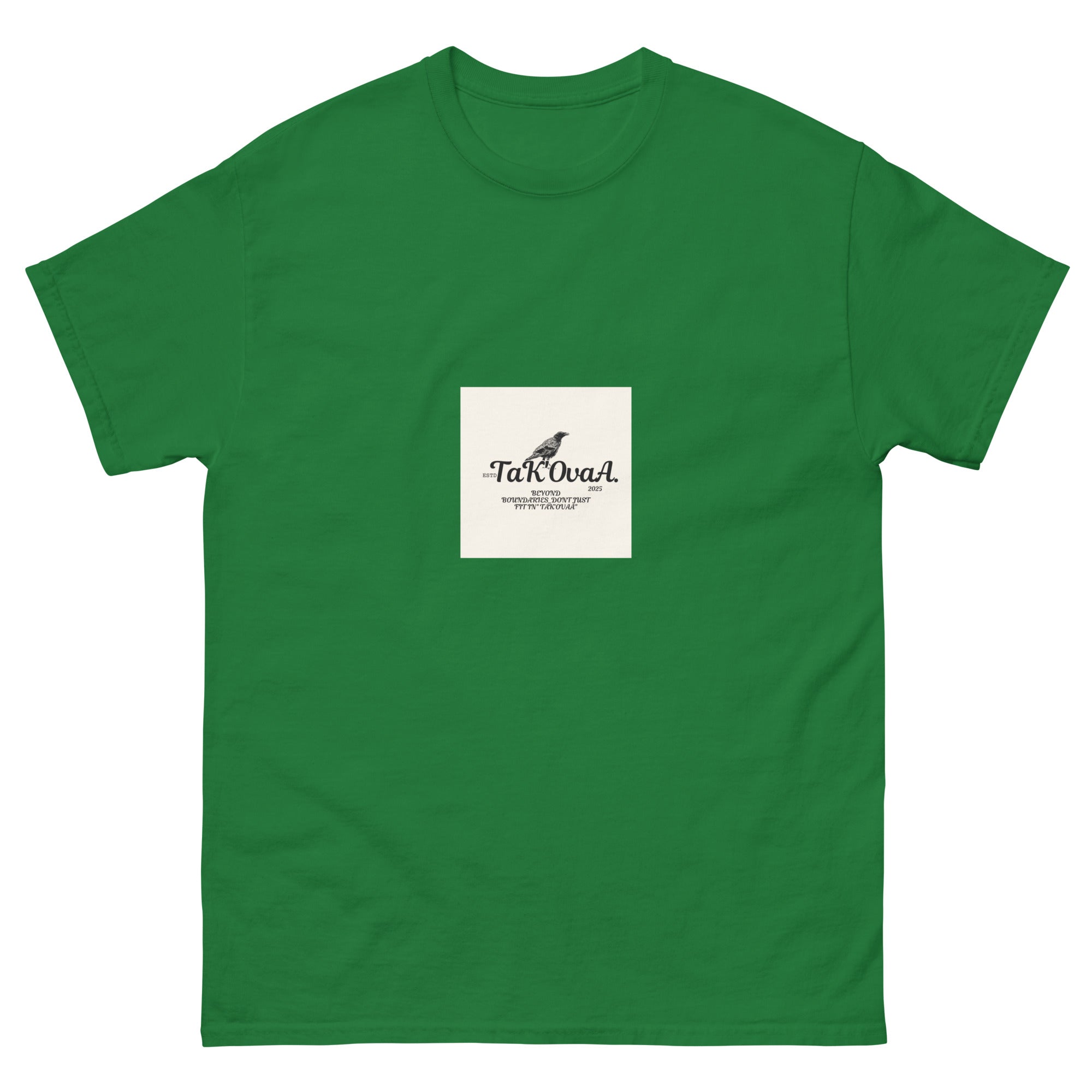 Green t-shirt with a white label featuring text and a logo on a white background