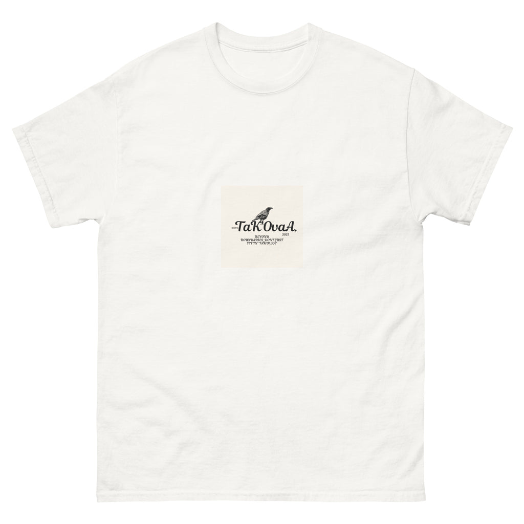 White t-shirt with a small logo on the chest against a white background