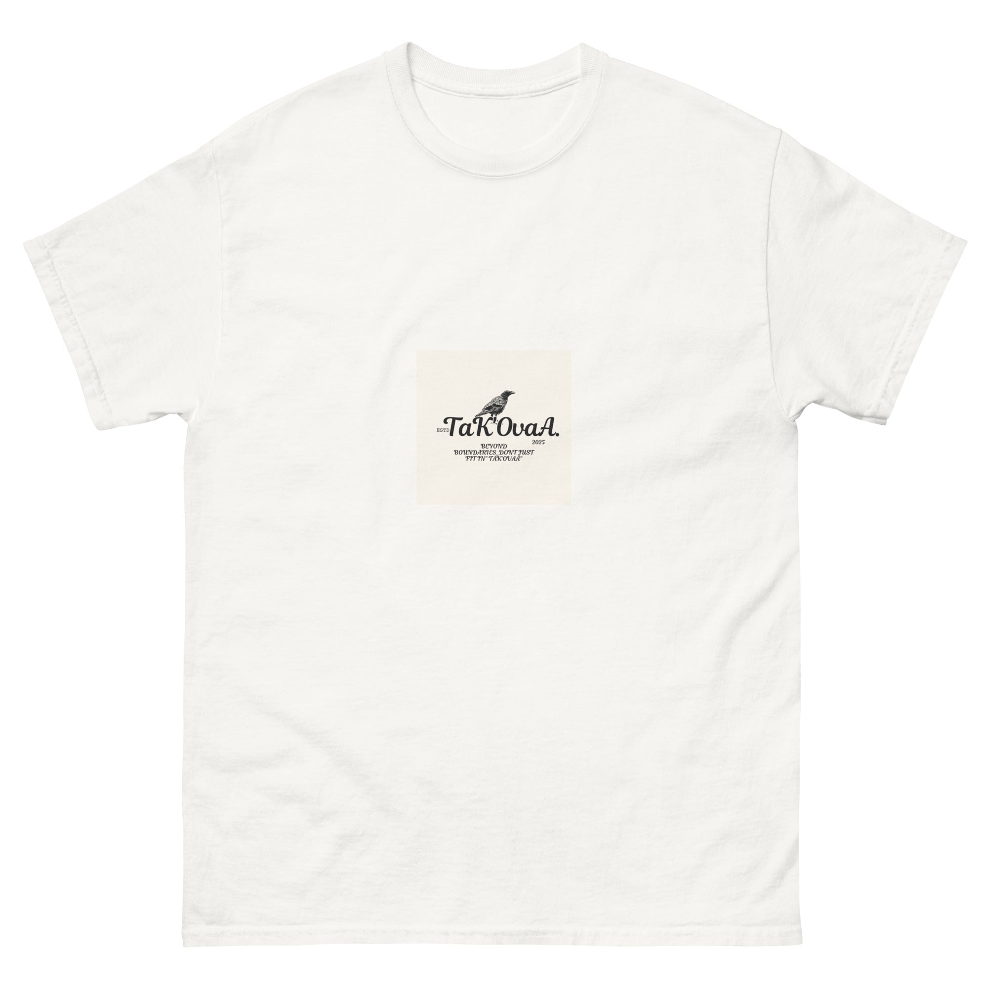 White t-shirt with a small logo on the chest against a white background