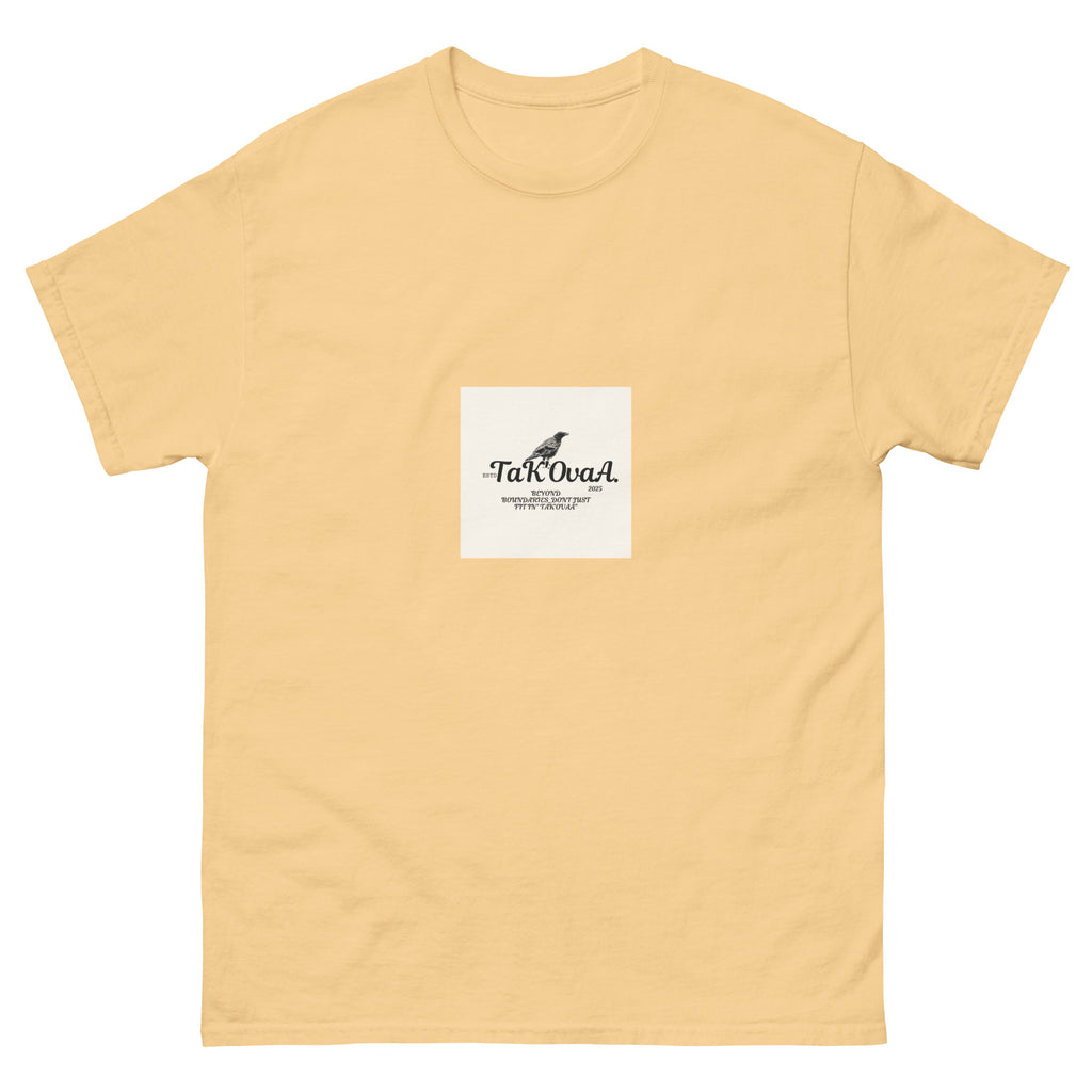 Yellow t-shirt with a white square featuring 'TakOva' logo on a white background