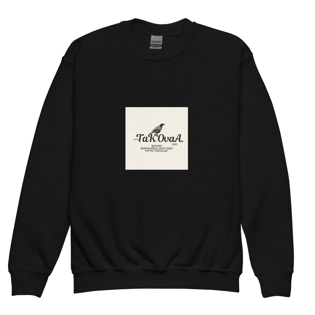 Black sweatshirt with a white square logo featuring text and a bird illustration on a white background