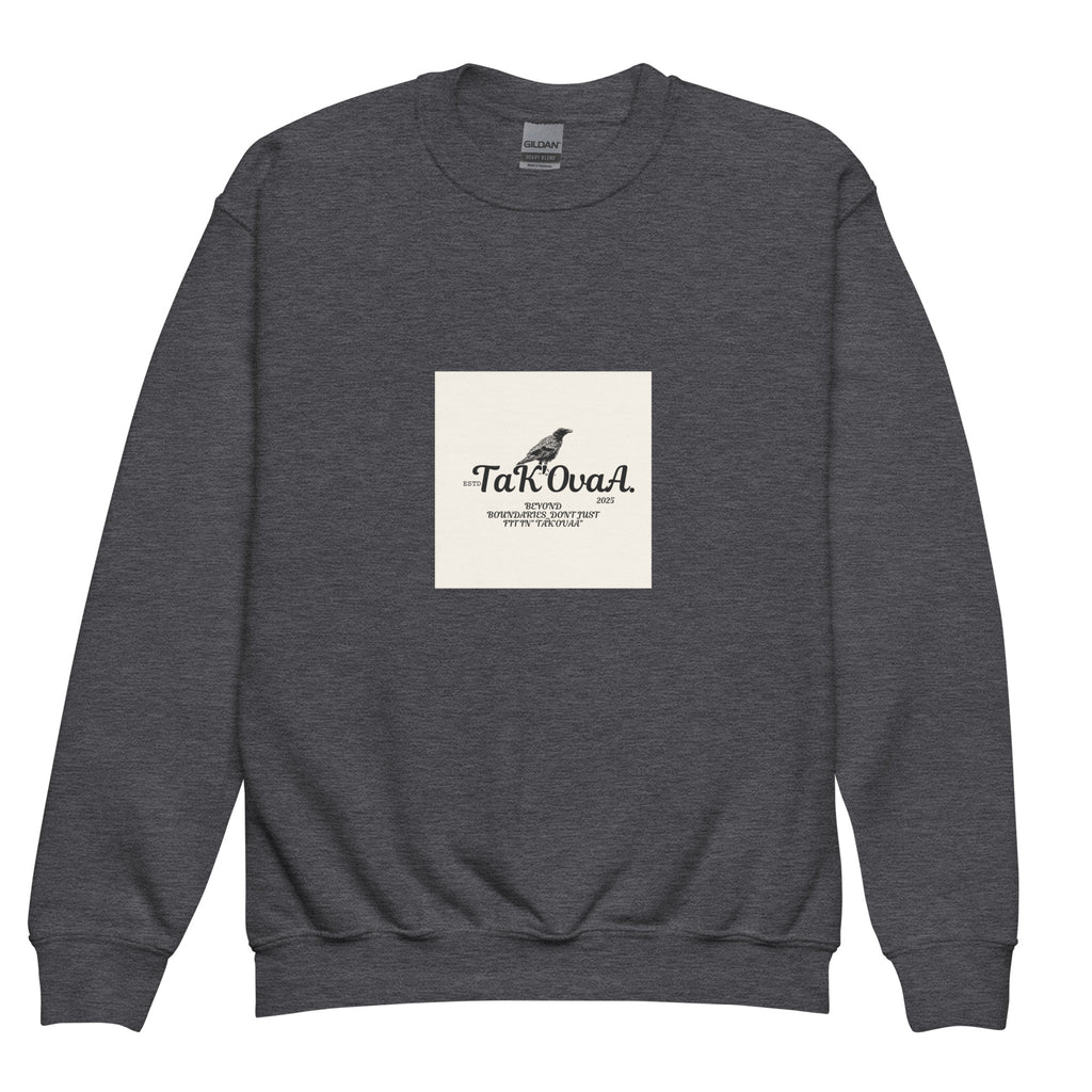 Gray sweatshirt with a logo and text on a white background