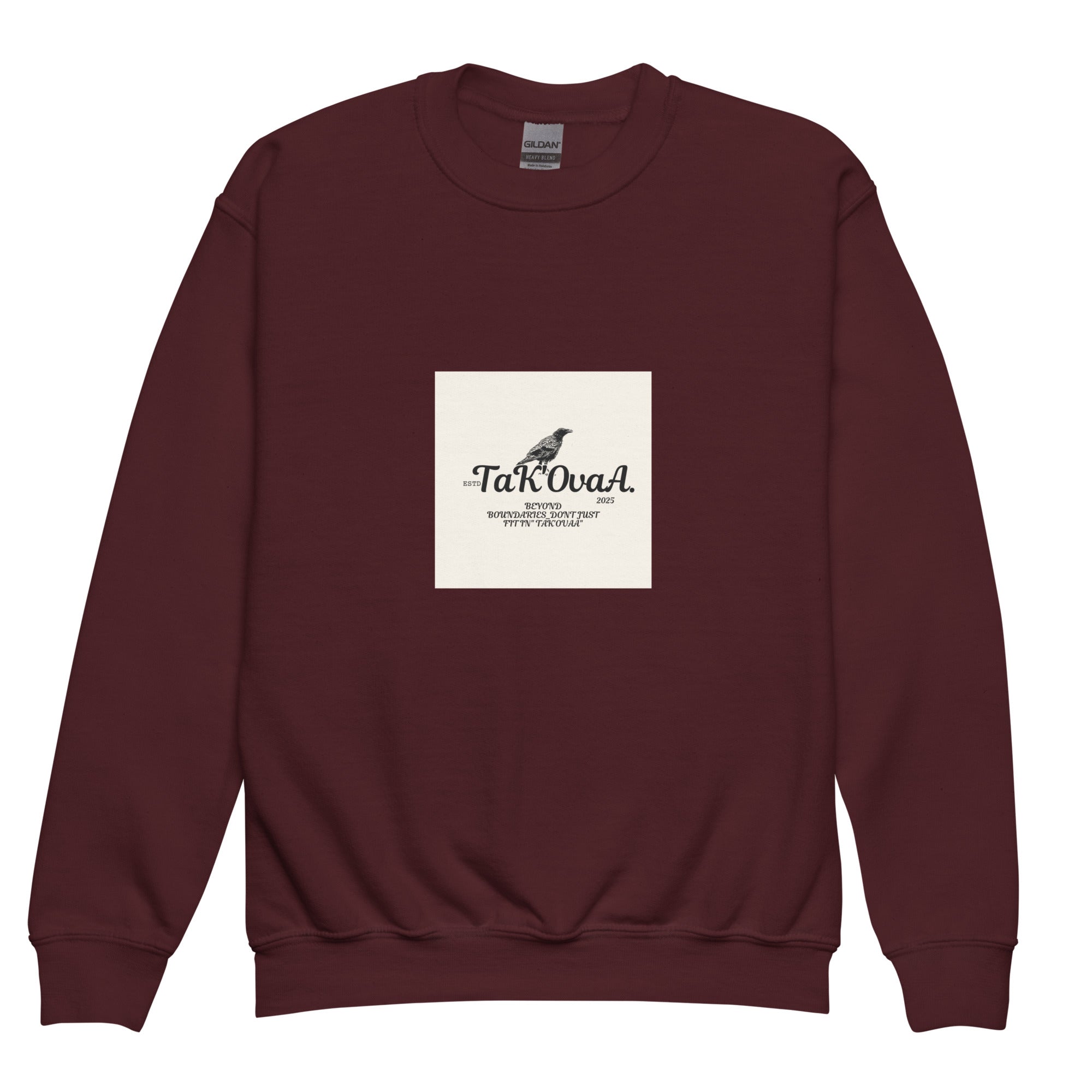 Maroon sweatshirt with a white square featuring text and a logo on a white background