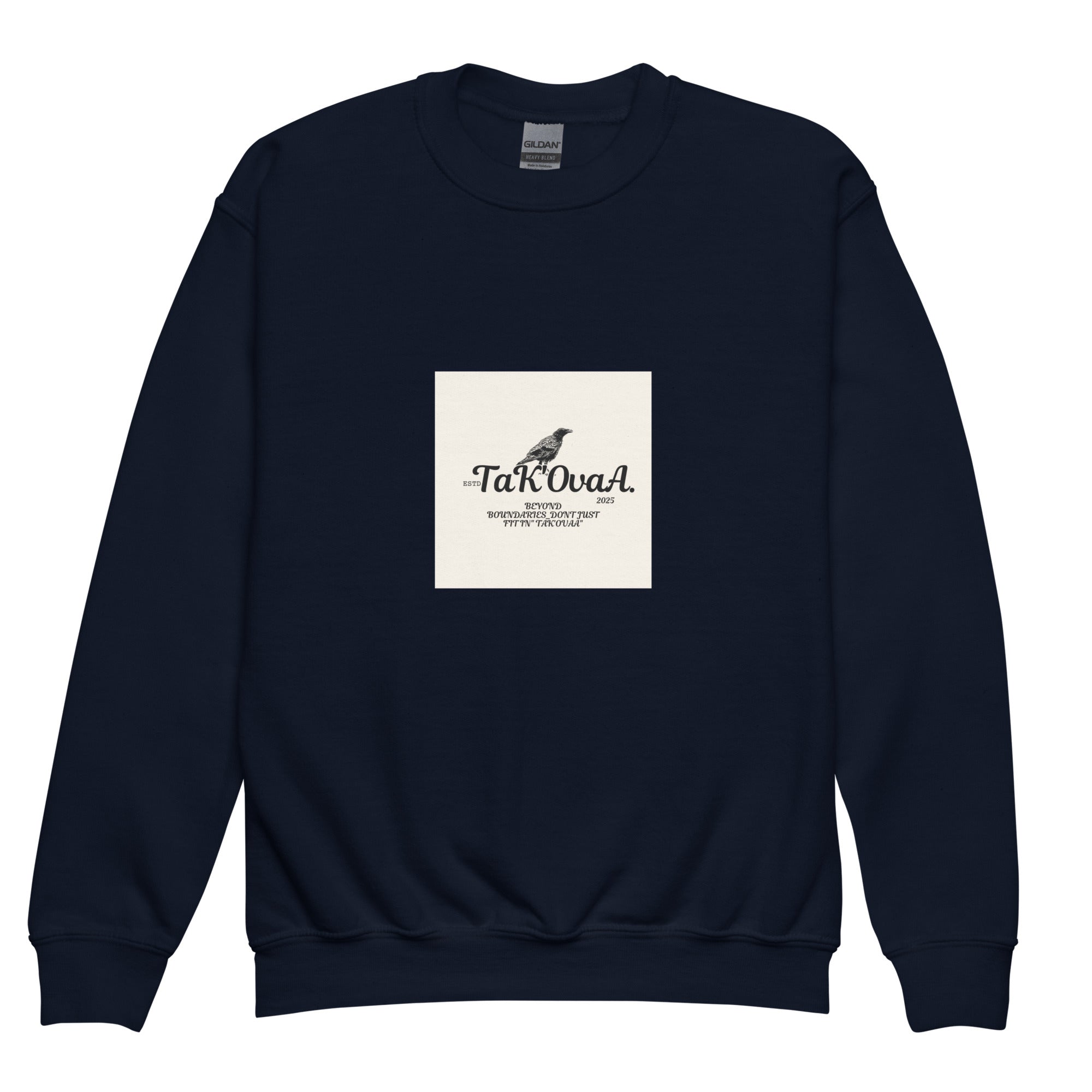 Navy blue sweatshirt with a white square logo featuring text and a bird illustration on a white background.