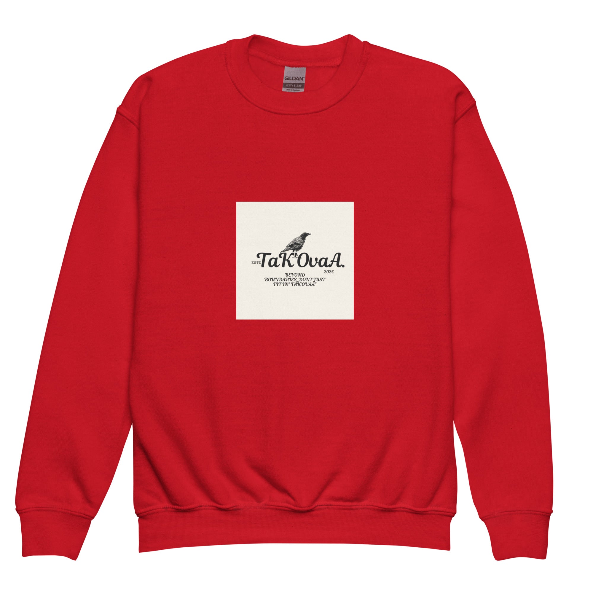 Red sweatshirt with a white square featuring text and a logo on a white background