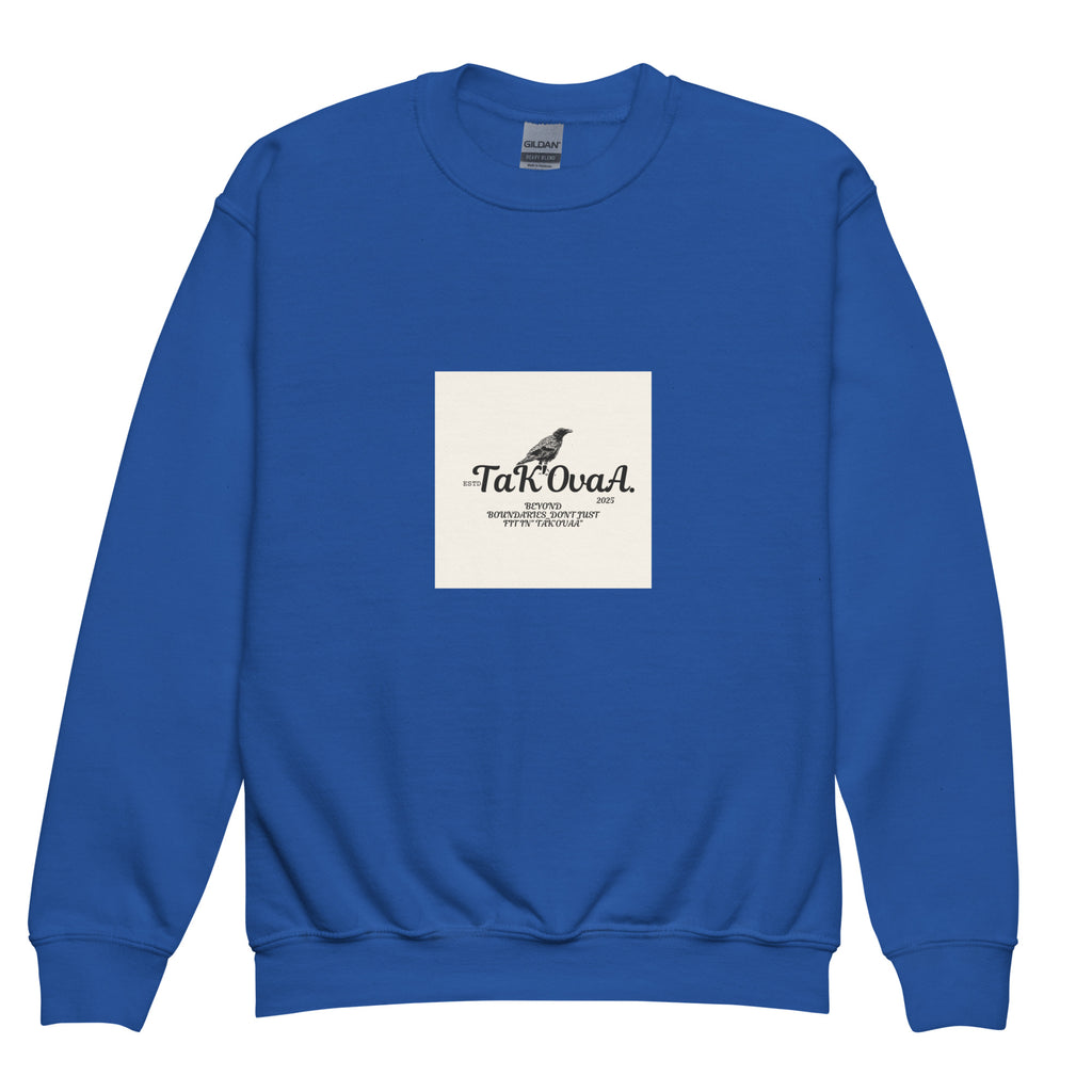 Blue sweatshirt with a white square featuring text and a logo on a white background