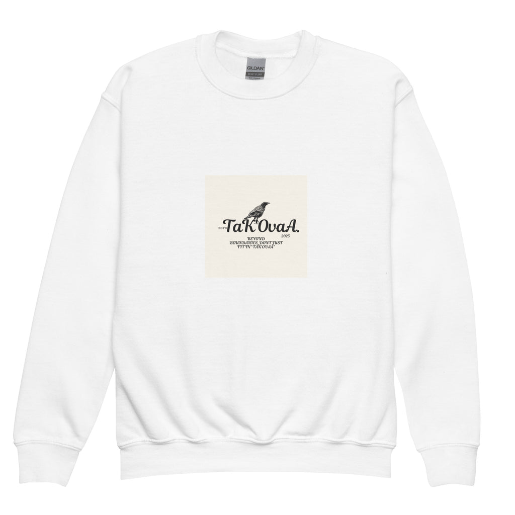 White sweatshirt with a logo on a white background