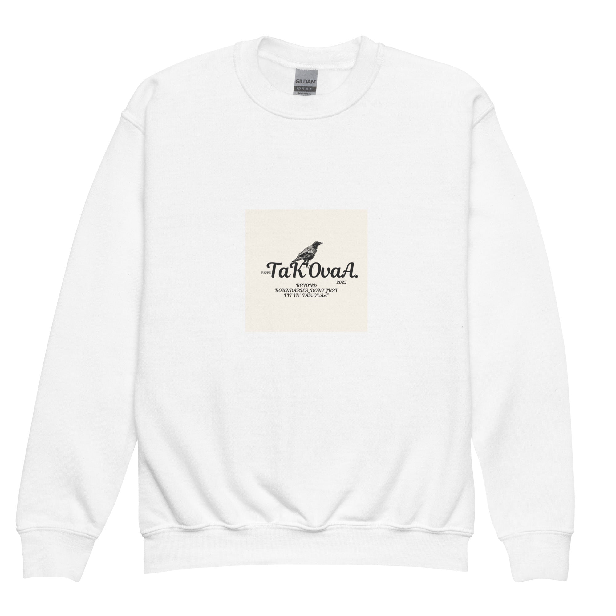 White sweatshirt with a logo on a white background