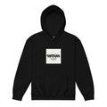 Black hoodie with a white square logo featuring text on a white background