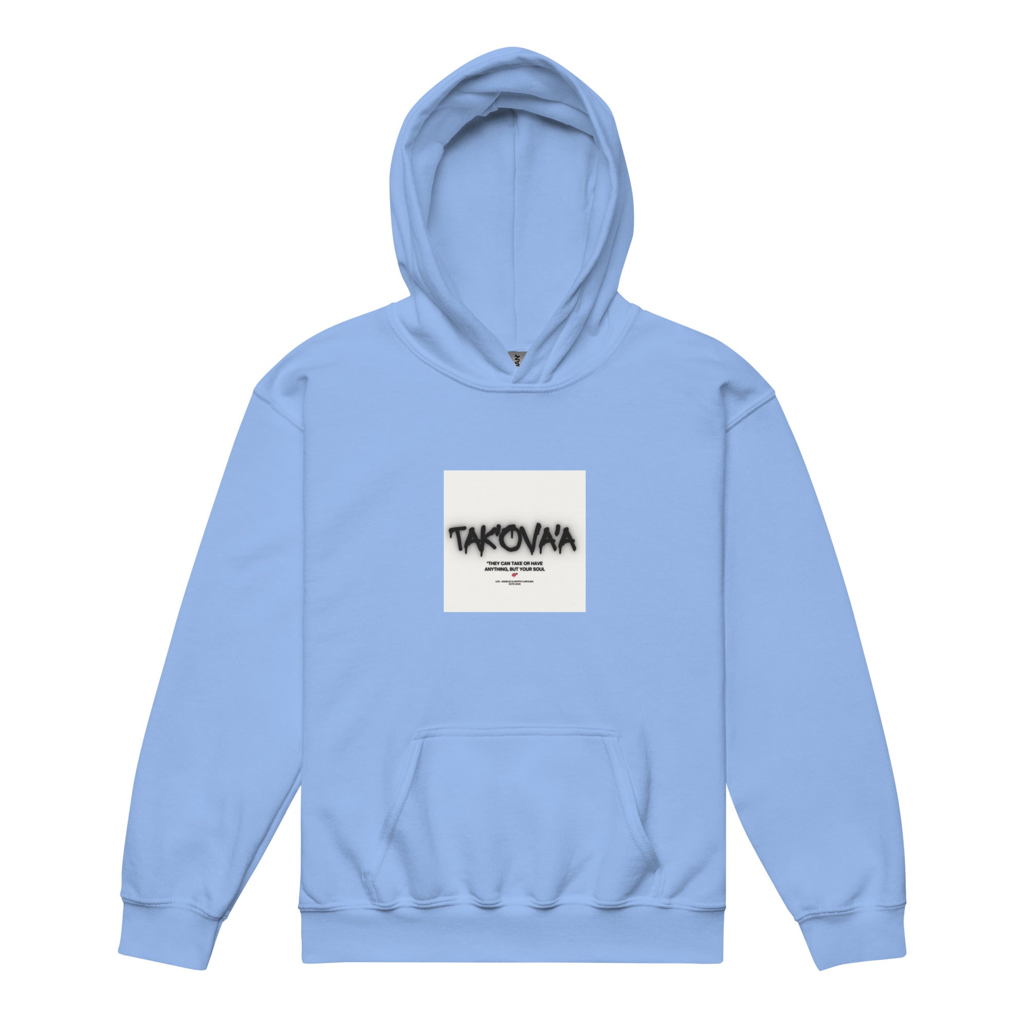 Light blue hoodie with a logo on the chest against a white background
