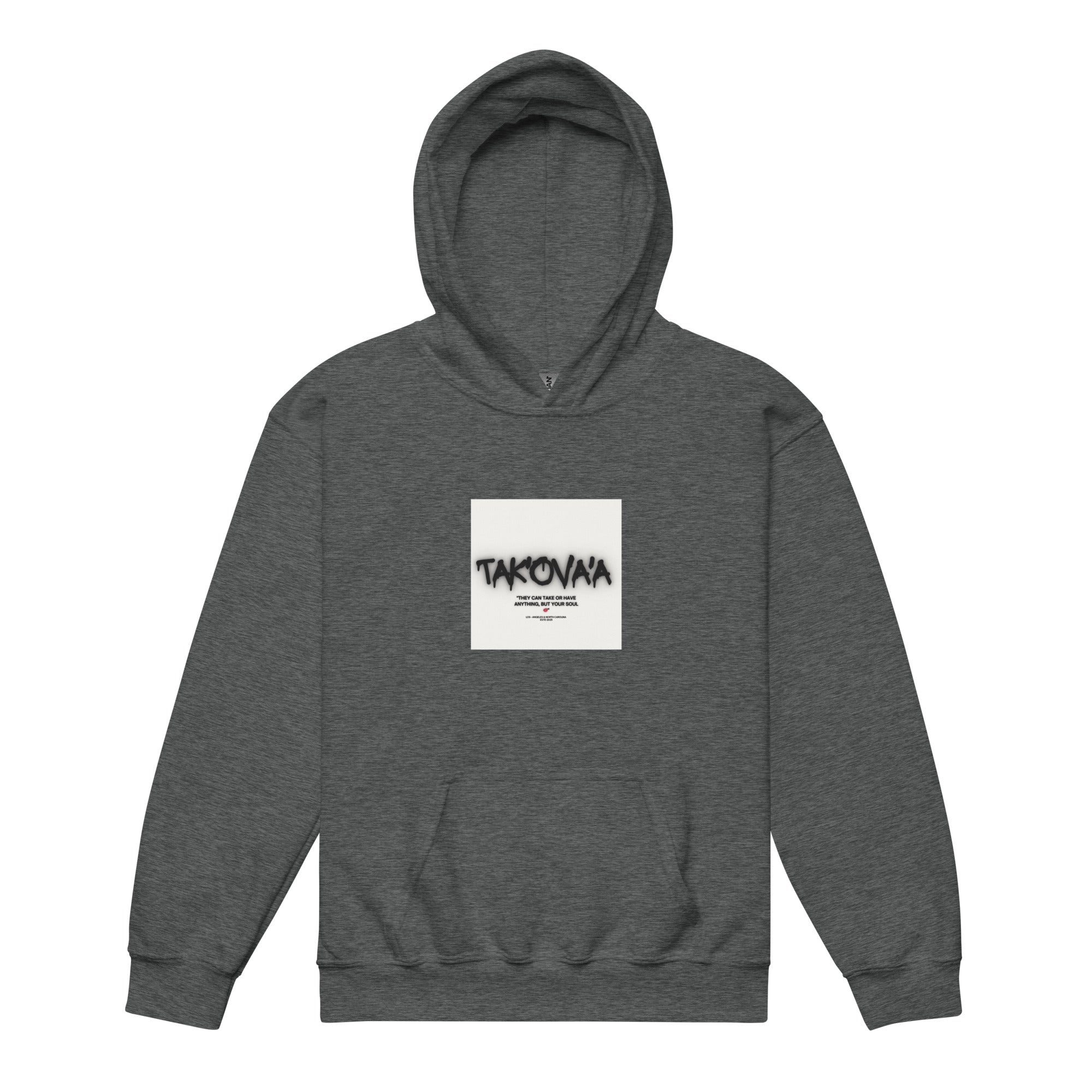 Gray hoodie with a brand logo on a white background