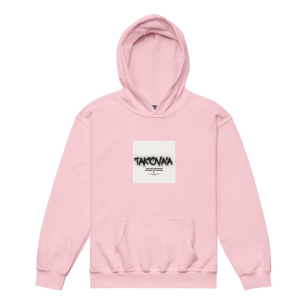 Pink hoodie with a logo on the chest against a white background