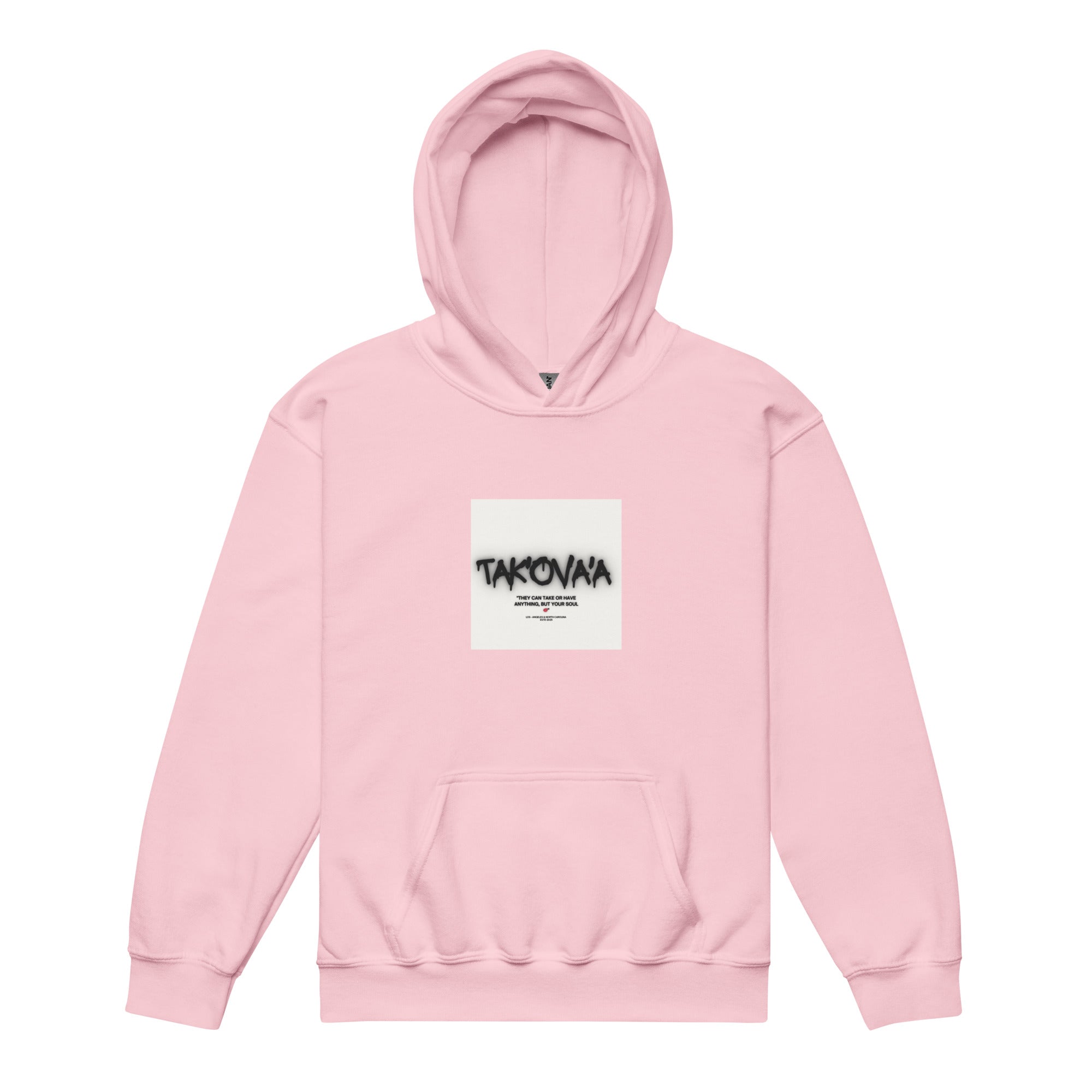 Pink hoodie with a logo on the chest against a white background