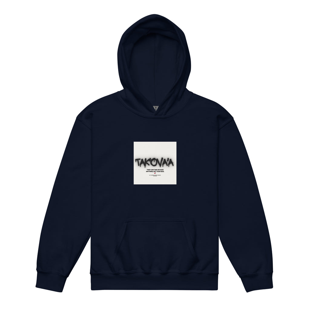 Navy blue hoodie with a white square logo on a white background